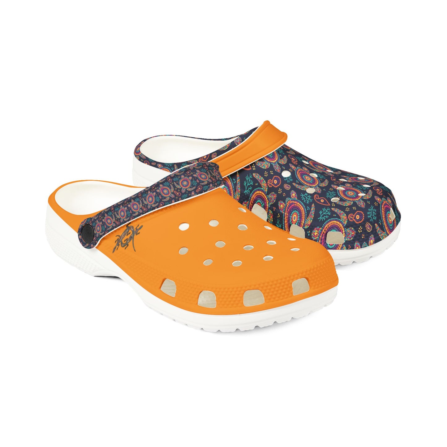 Croc-style clog, dark paisley upper with orange strap and perforated footbed