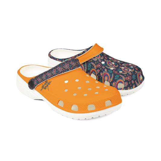 Croc-style clog, dark paisley upper with orange strap and perforated footbed