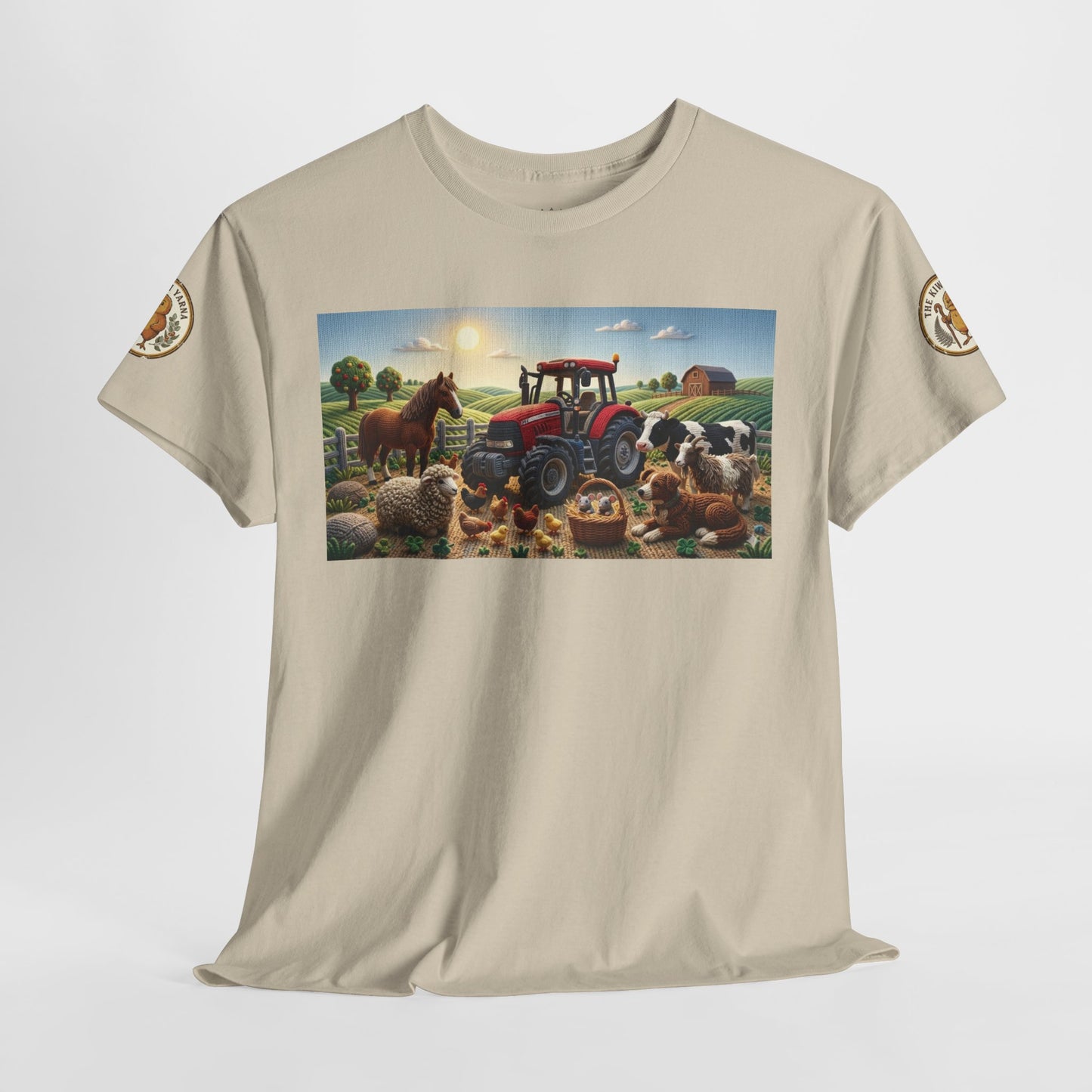 Natural beige T-shirt with front farm scene graphic and circular sleeve patches