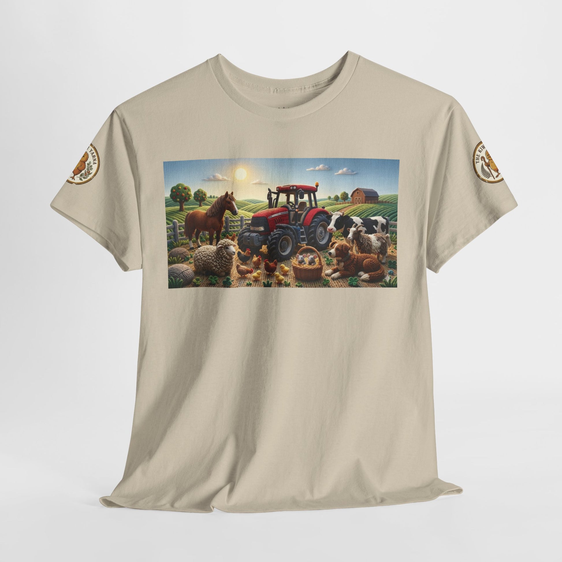 Natural beige T-shirt with front farm scene graphic and circular sleeve patches