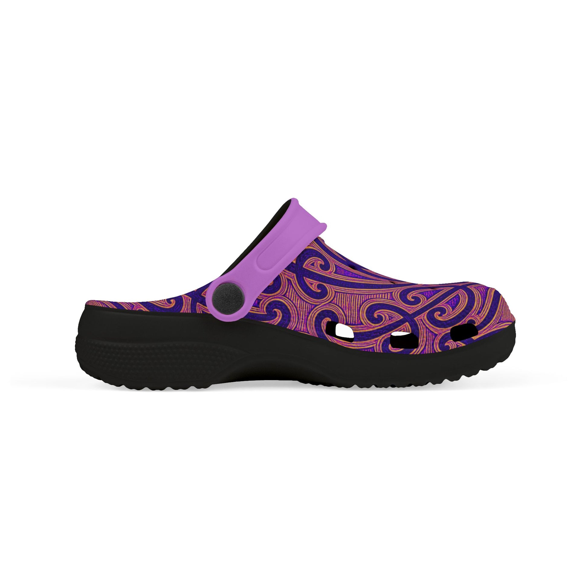 Tauira slip-on clogs, side profile with ornate blue/purple upper, purple strap, black sole