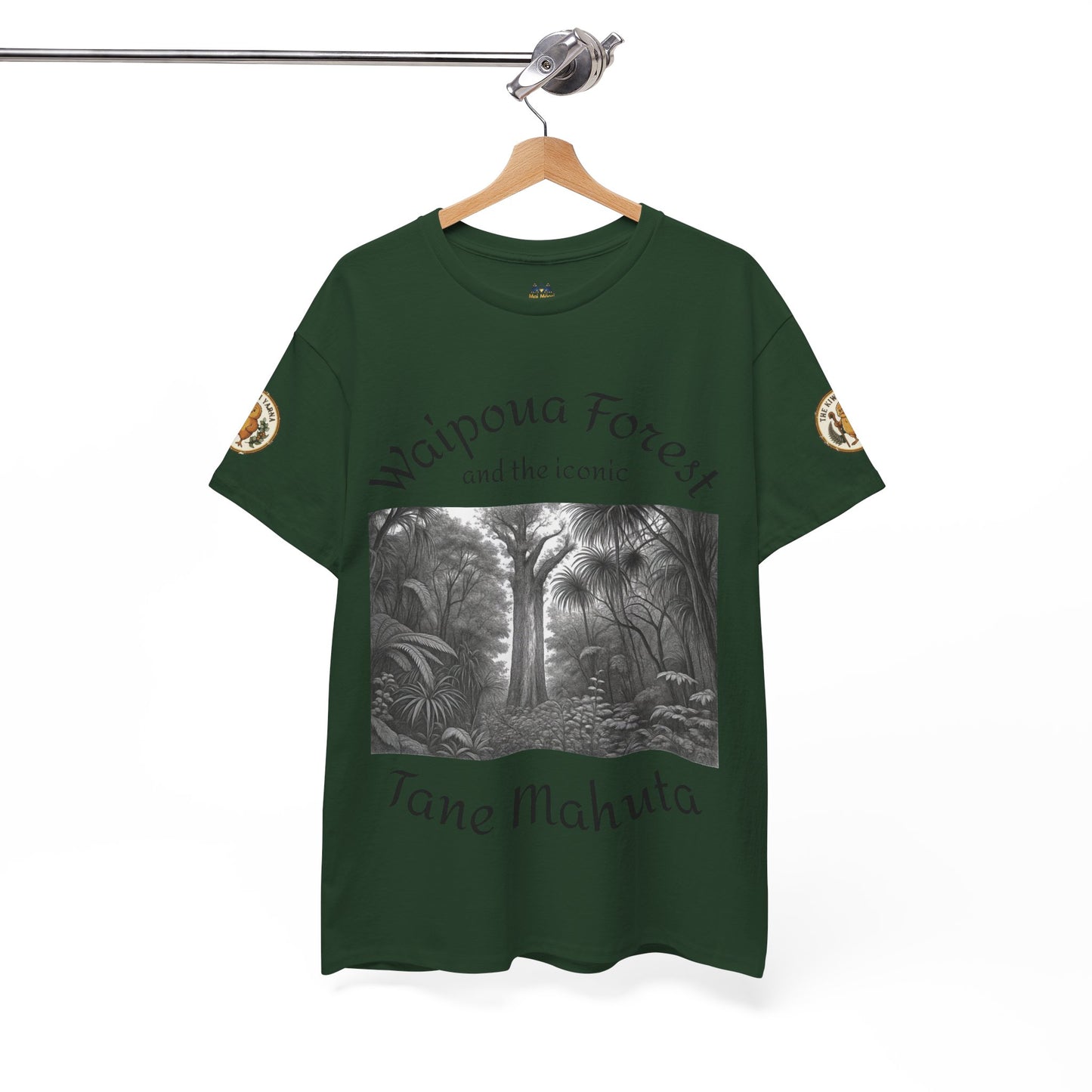 Forest green T-shirt with black-and-white forest scene graphic and round sleeve patches