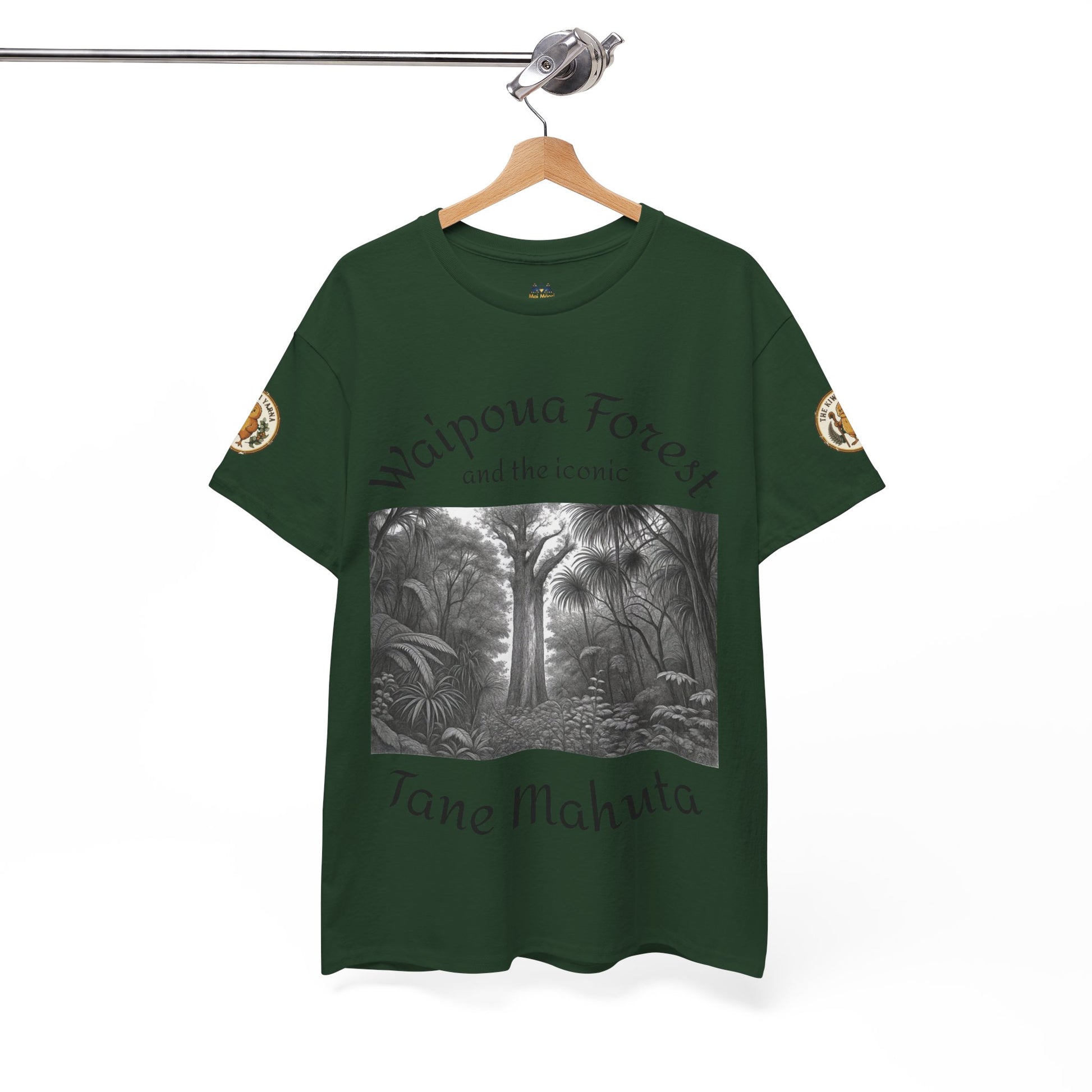 Forest green T-shirt with black-and-white forest scene graphic and round sleeve patches