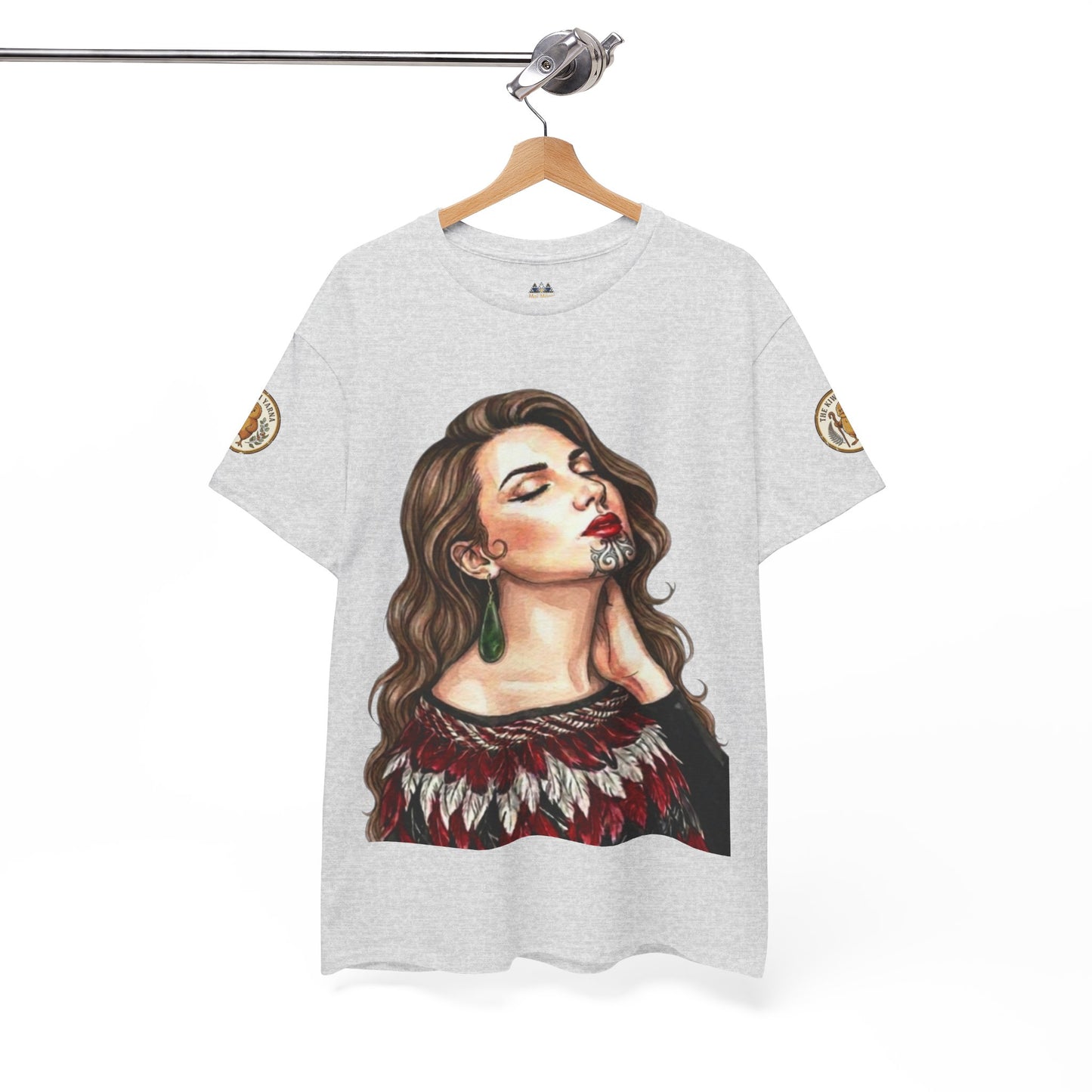 Korowai graphic t-shirt, heather gray; portrait face print; sleeve badge
