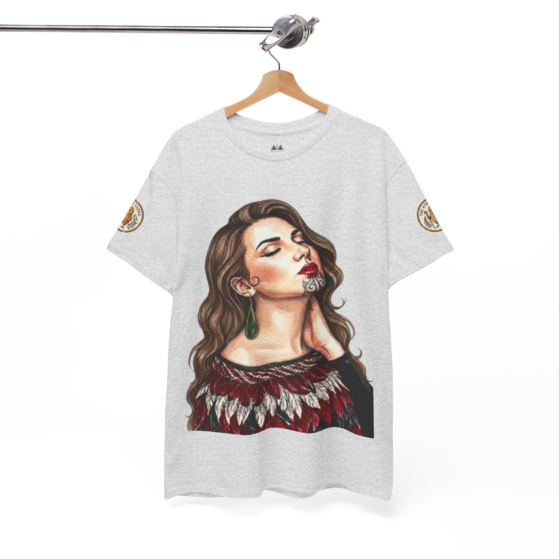 Korowai graphic t-shirt, heather gray; portrait face print; sleeve badge