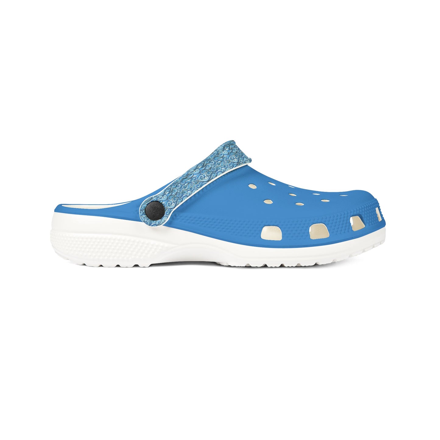 Blue slip-on clog with rounded toe ventilation holes and cushioned sole