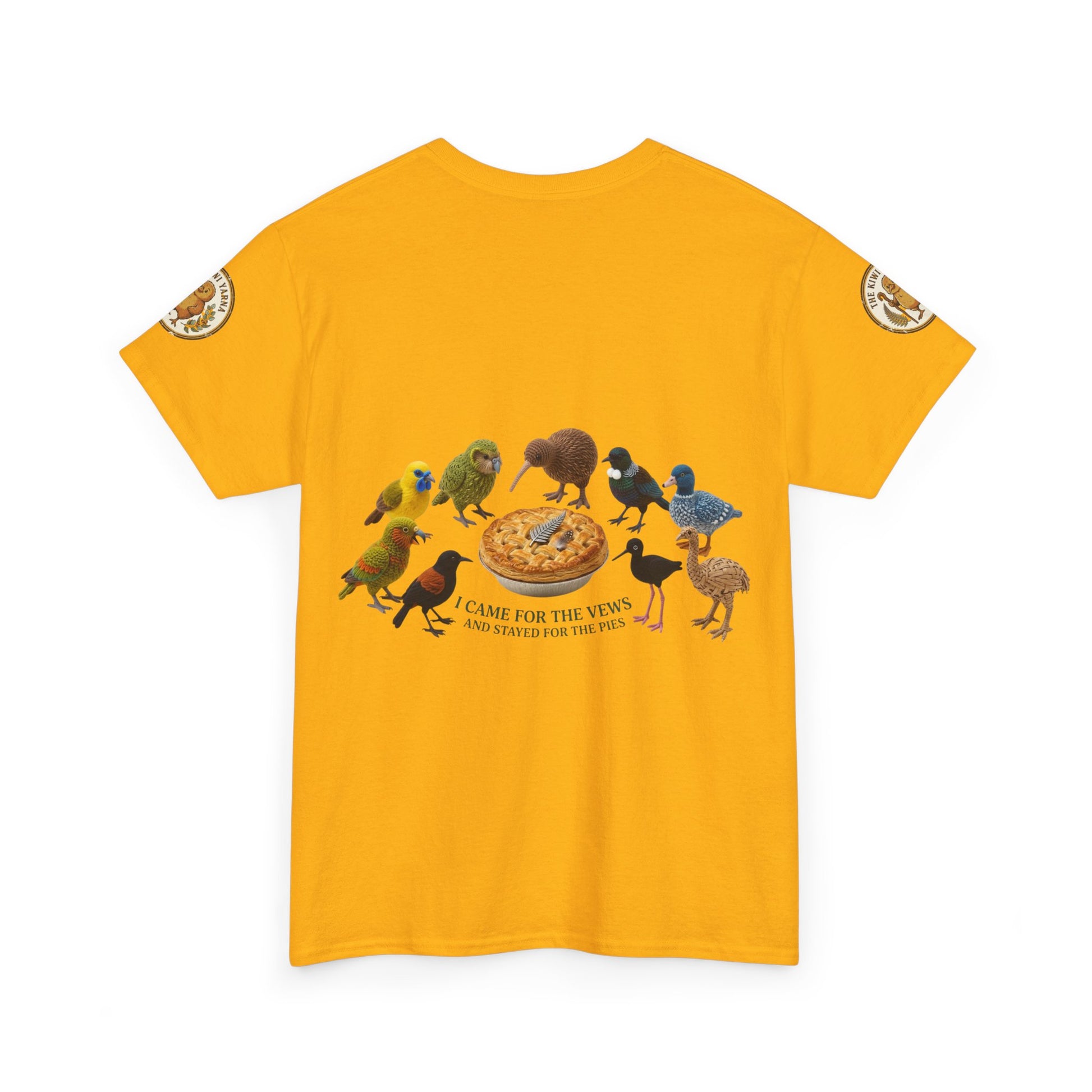 Yellow short-sleeve T-shirt with colorful bird graphic and circular sleeve patch