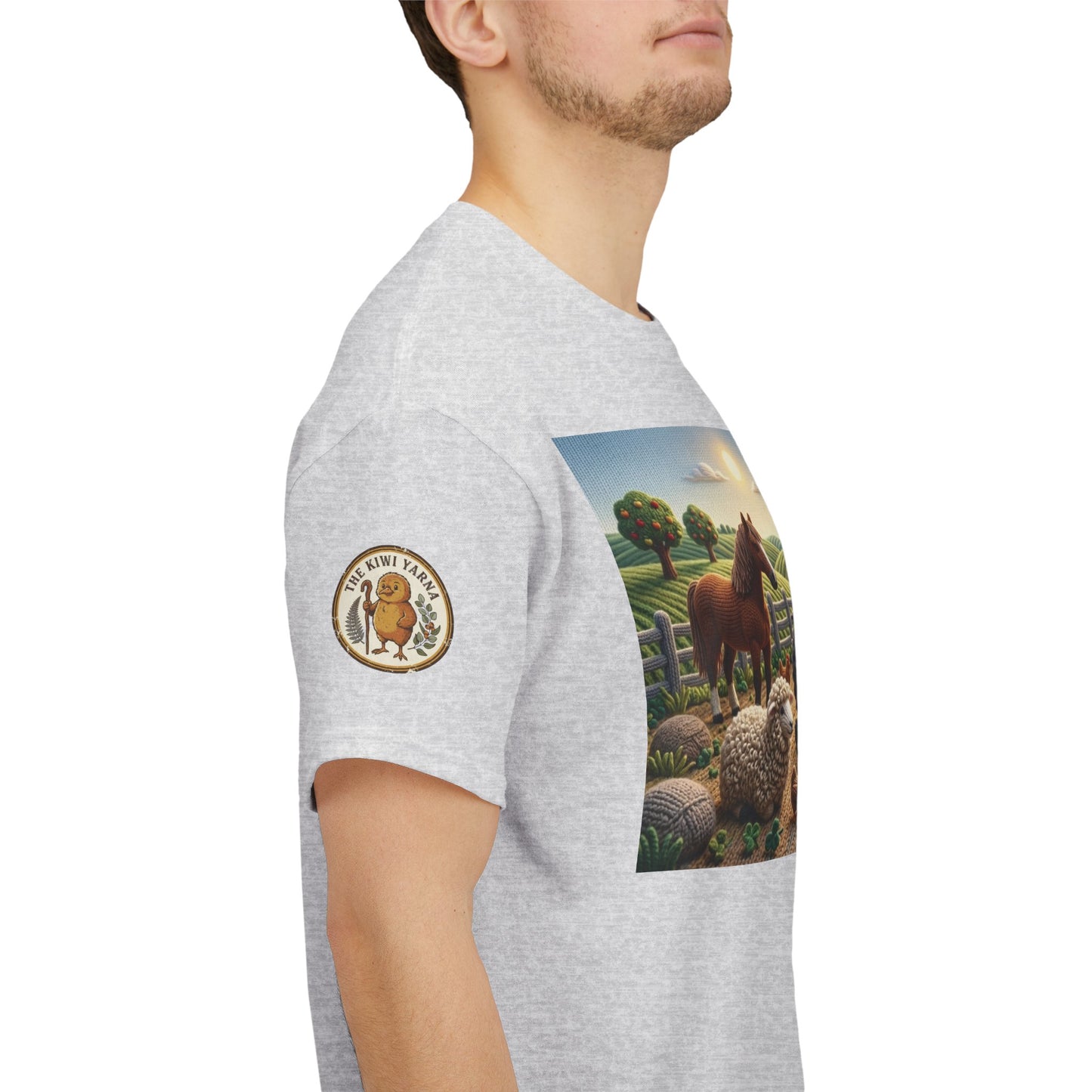 Light gray T-shirt side view with sleeve emblem and farm front graphic panel