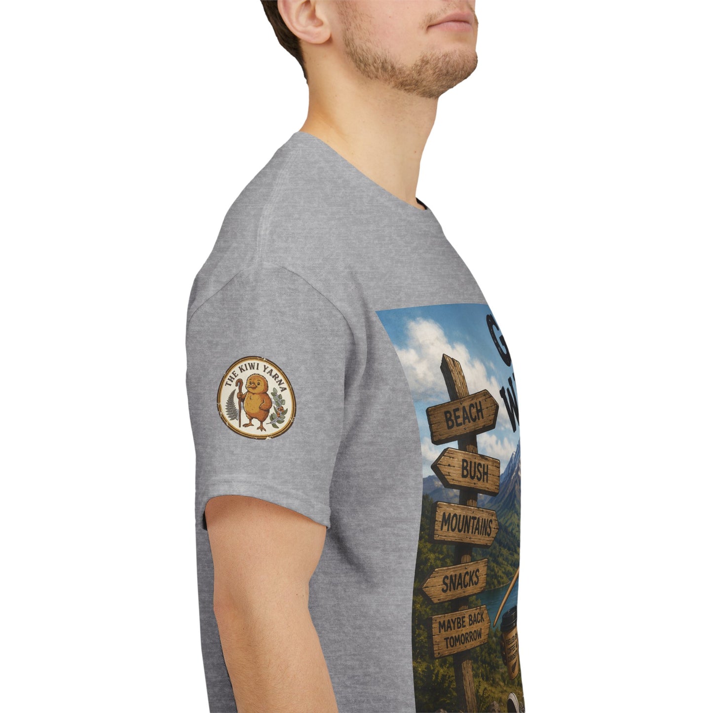 Grey T-shirt with sleeve patch and side graphic featuring a kiwi character