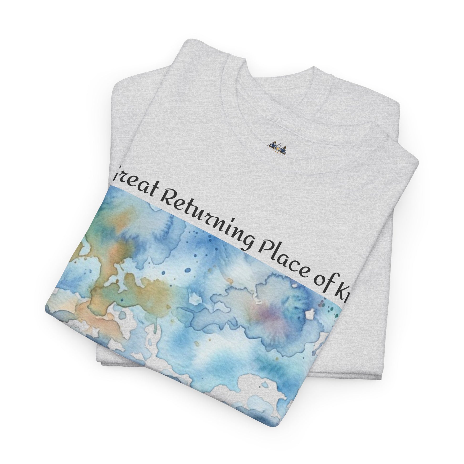 Heather gray graphic T-shirt with watercolor landscape print across the front