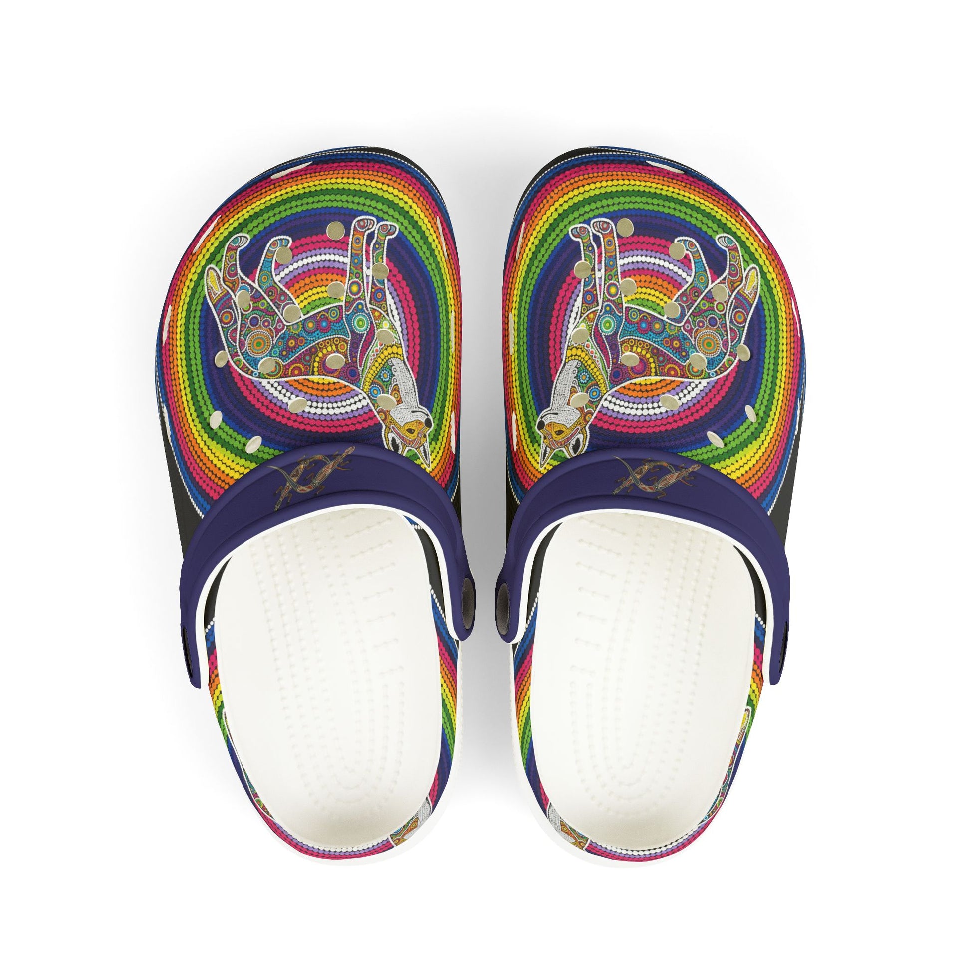 Navy slip-on casual shoe with rainbow dingo artwork and white interior lining
