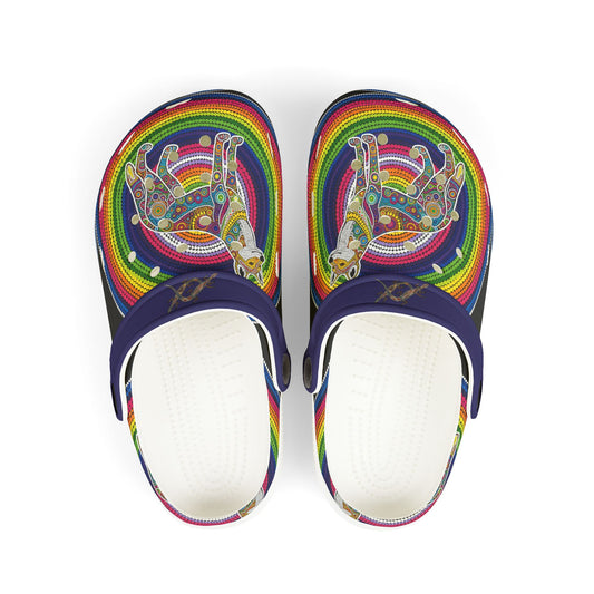 Navy slip-on casual shoe with rainbow dingo artwork and white interior lining
