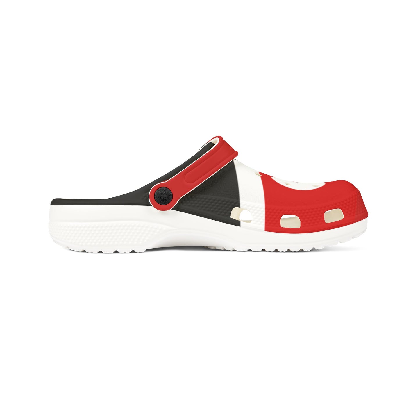 Tino clog shoe with red and black upper, white midsole, heel strap button detail