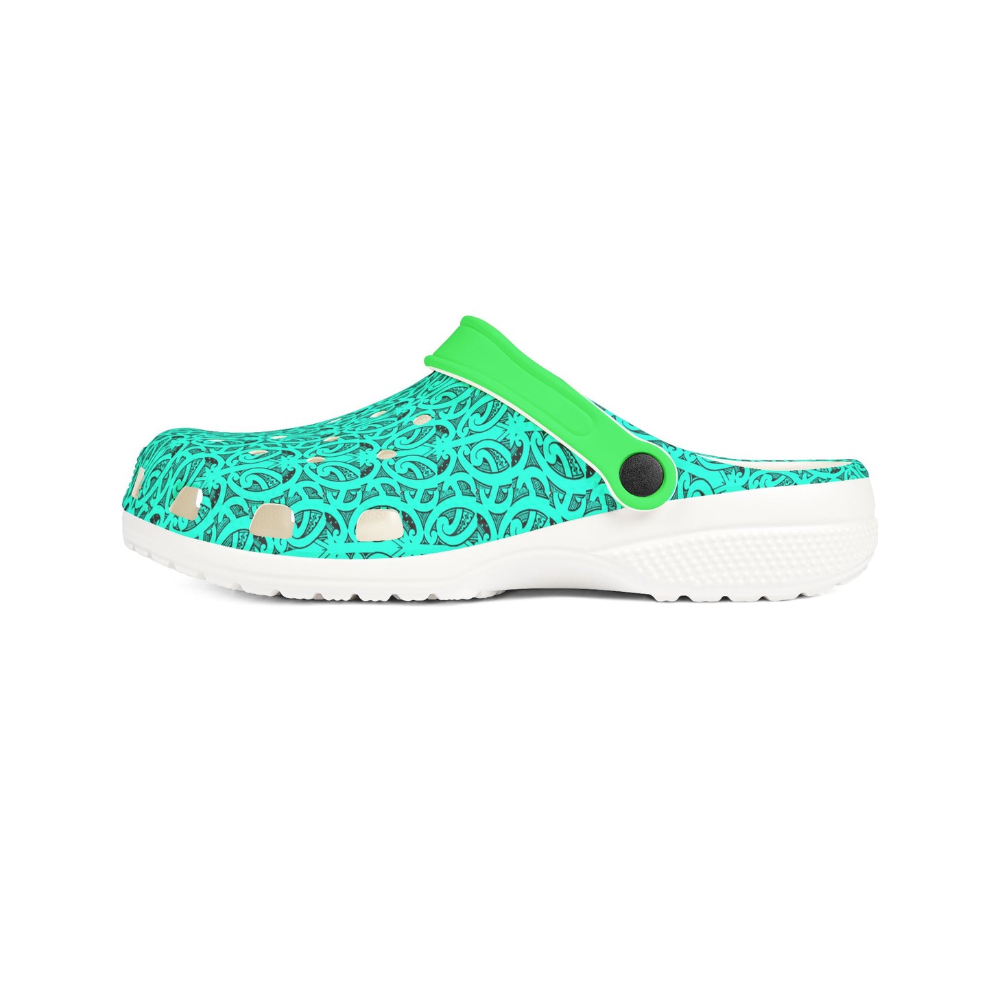 Teal patterned and neon green clog sandal with perforated upper and white sole