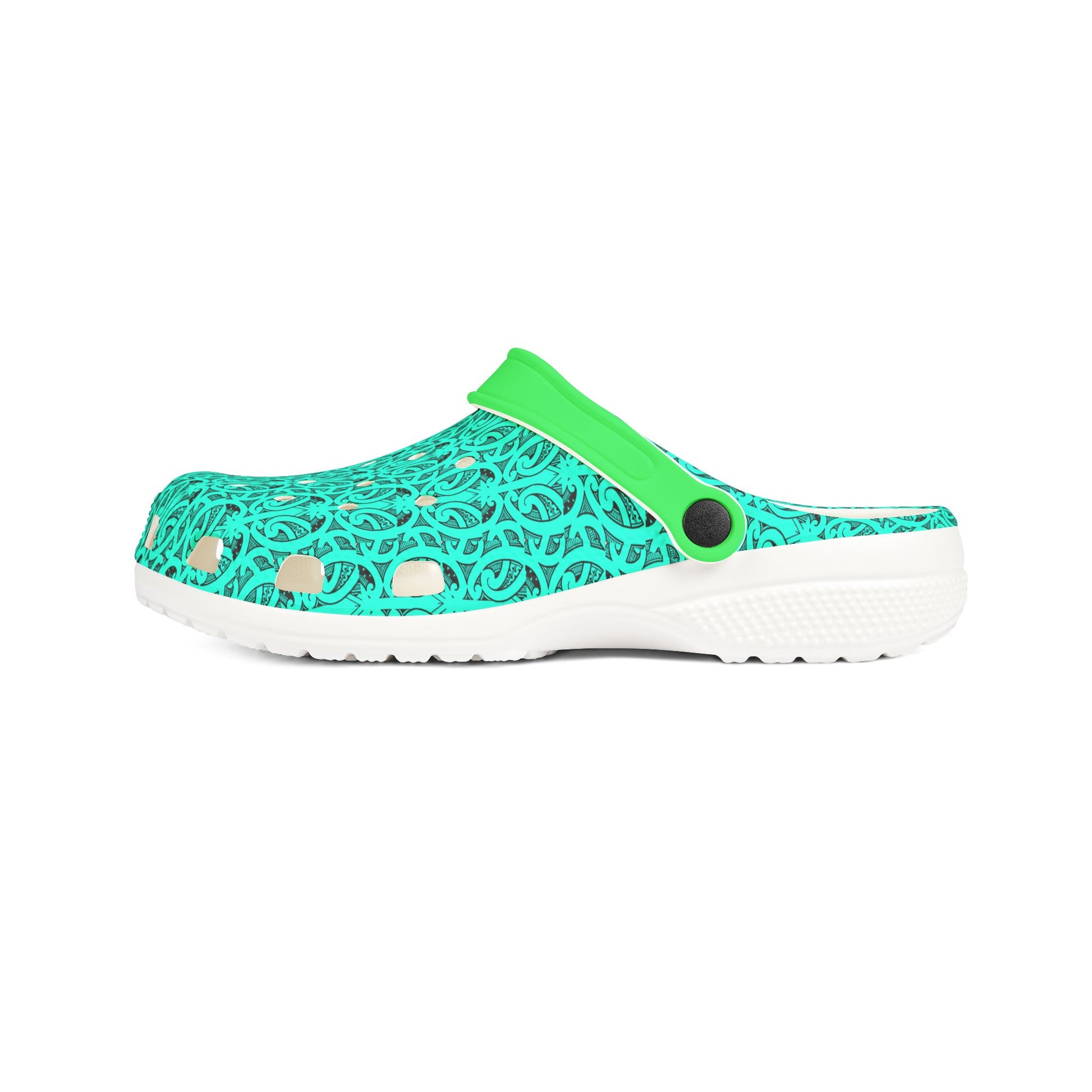 Teal patterned and neon green clog sandal with perforated upper and white sole