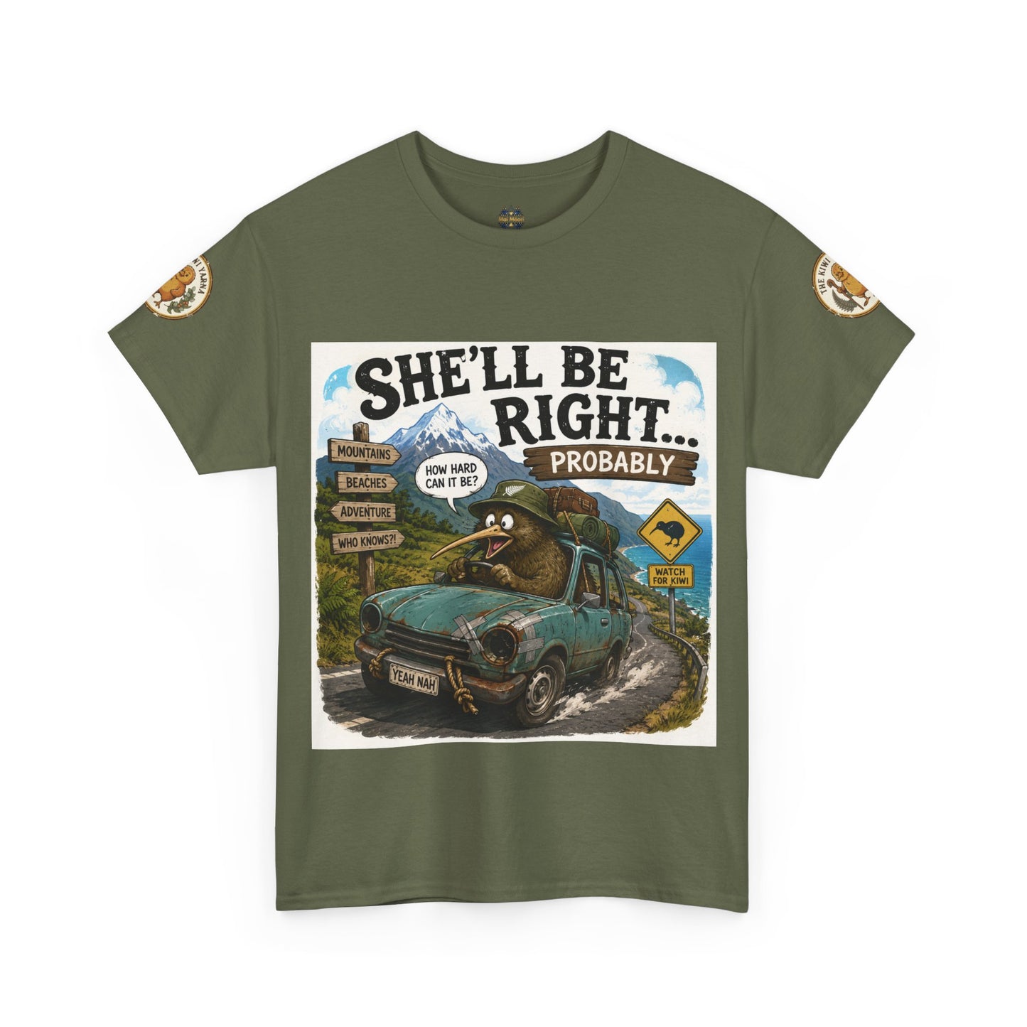 Olive green graphic T-shirt with front print and round sleeve logo patches.