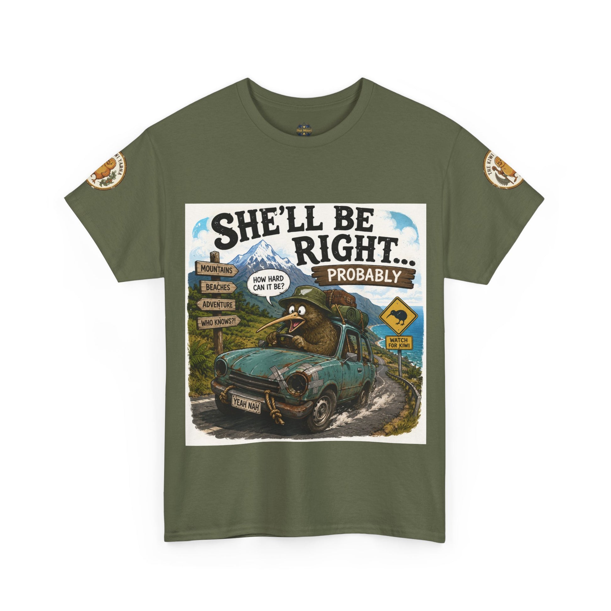 Olive green graphic T-shirt with front print and round sleeve logo patches.