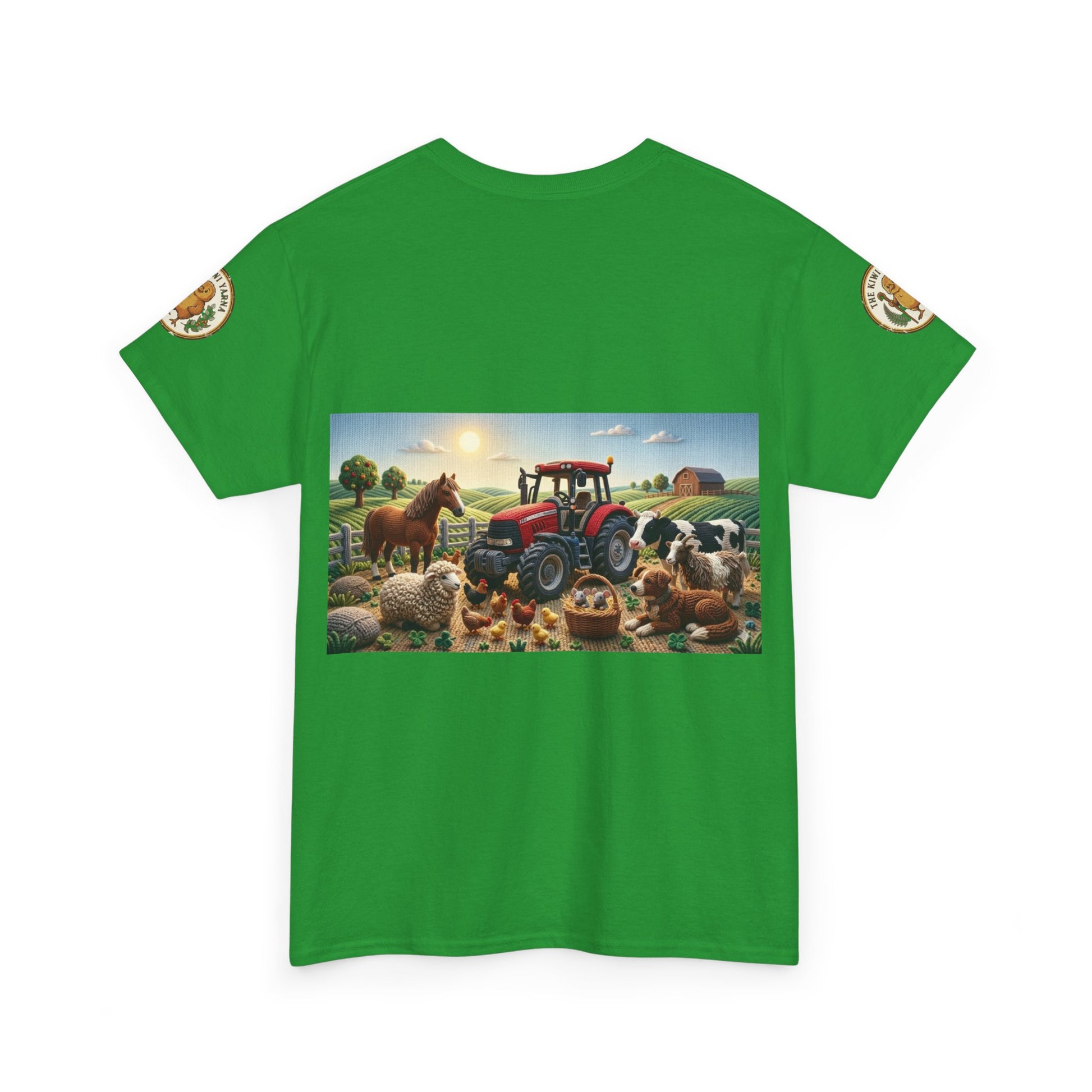 Green crewneck T-shirt with farm tractor scene graphic and round sleeve patches