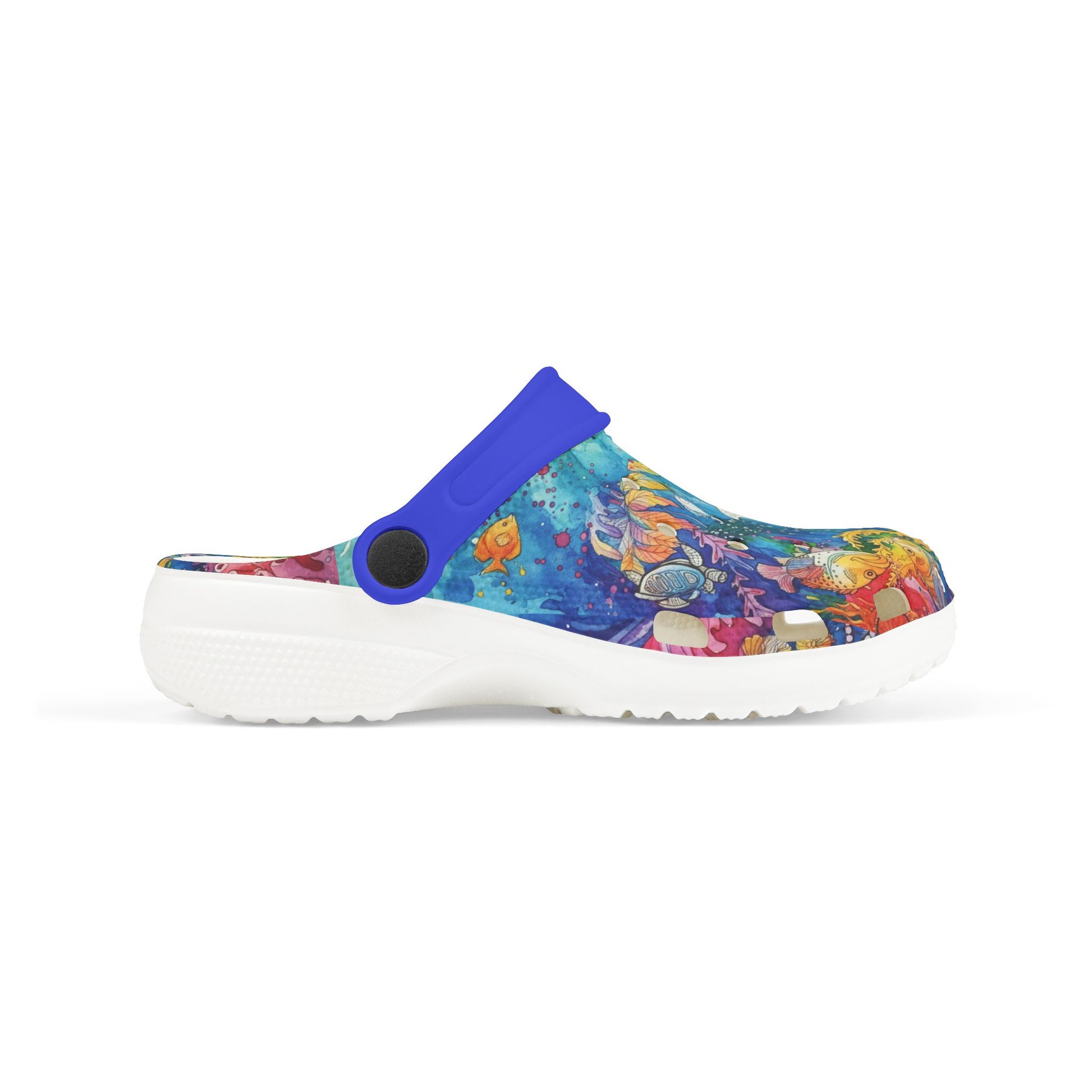 Kids slip-on clogs with colorful ocean reef print, white outsole, blue heel strap accent.