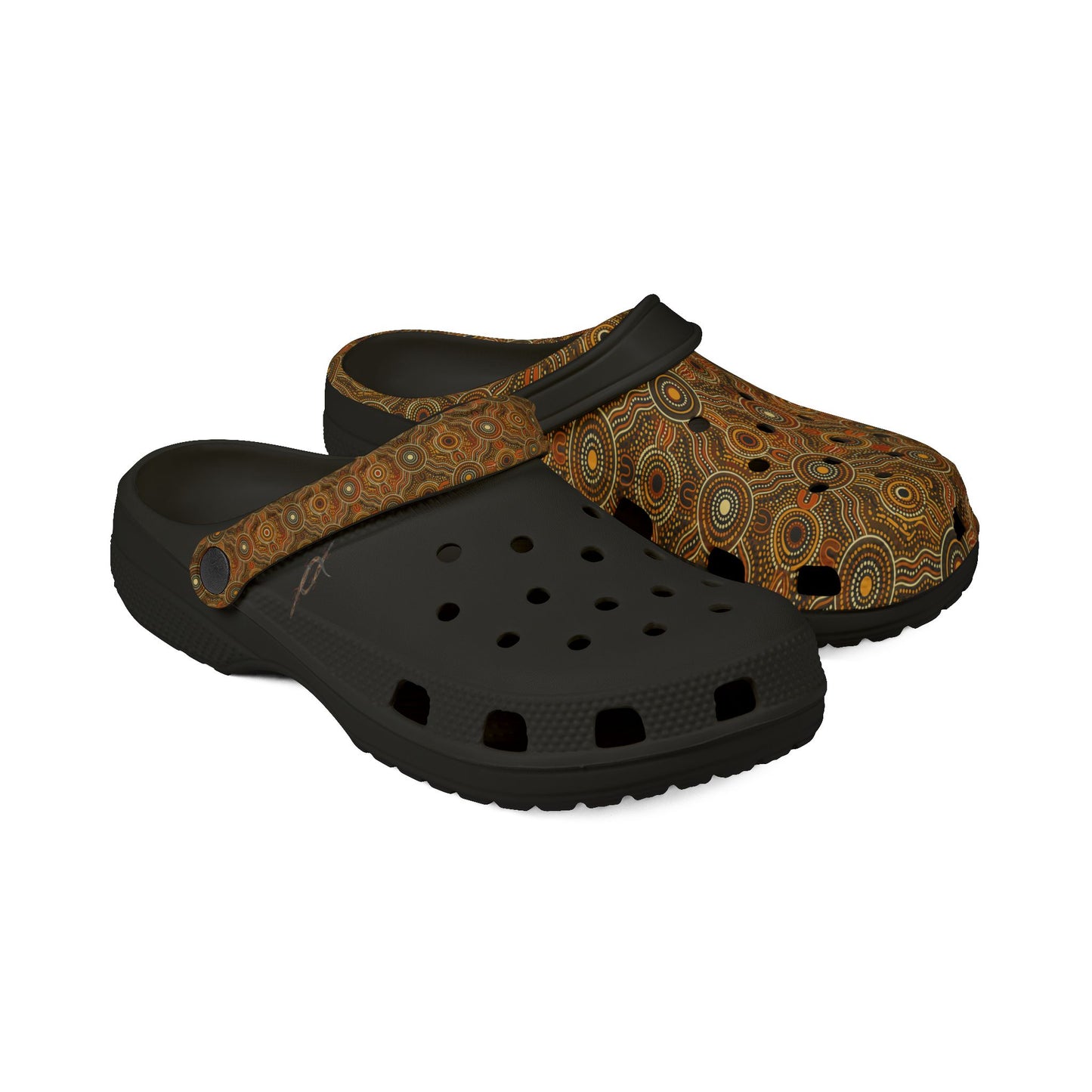 Clog sandal with black sole and dark footbed, brown patterned upper and strap