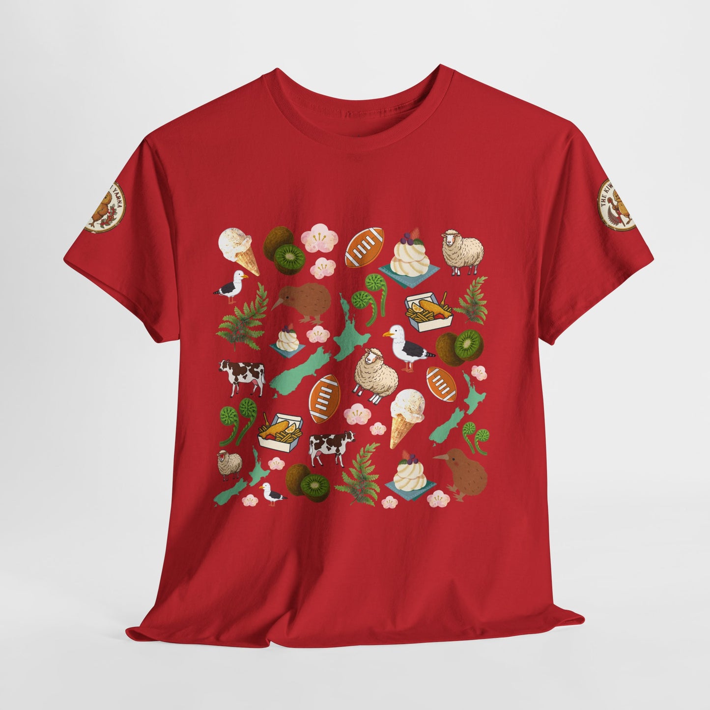 Red Kiwiana T-shirt front with large colorful illustrated Kiwiana pattern