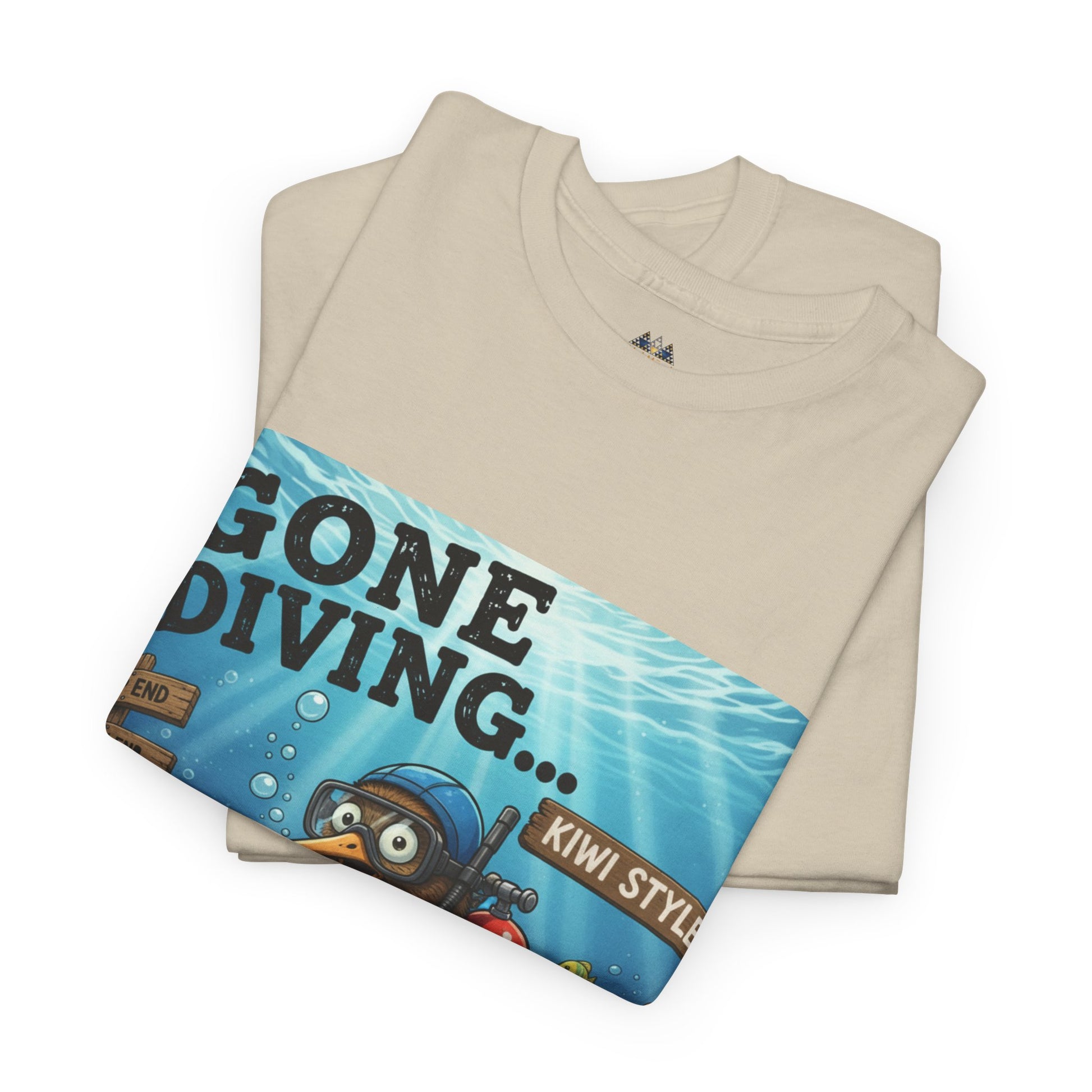 Natural/cream crew-neck T-shirt with angled “Gone Diving…” underwater graphic