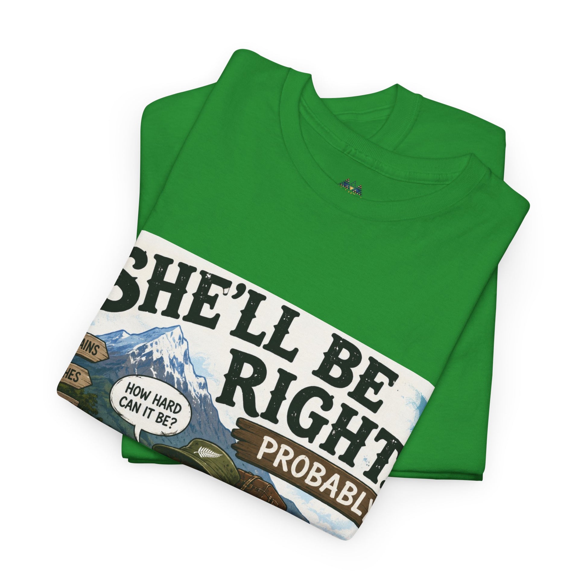 Green graphic T-shirt with large front print and small chest logo.