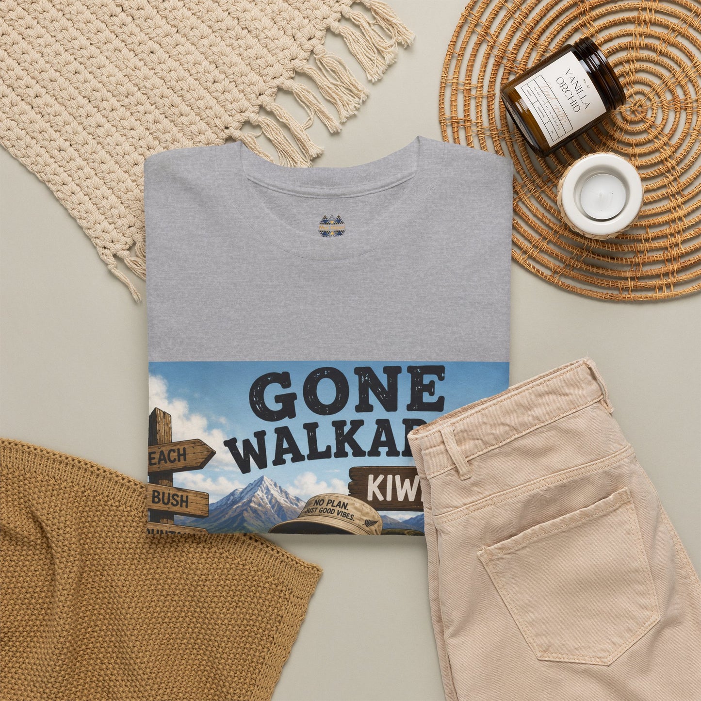 Grey T-shirt with 'Gone Walkabout Kiwi Style' front graphic and crew neckline