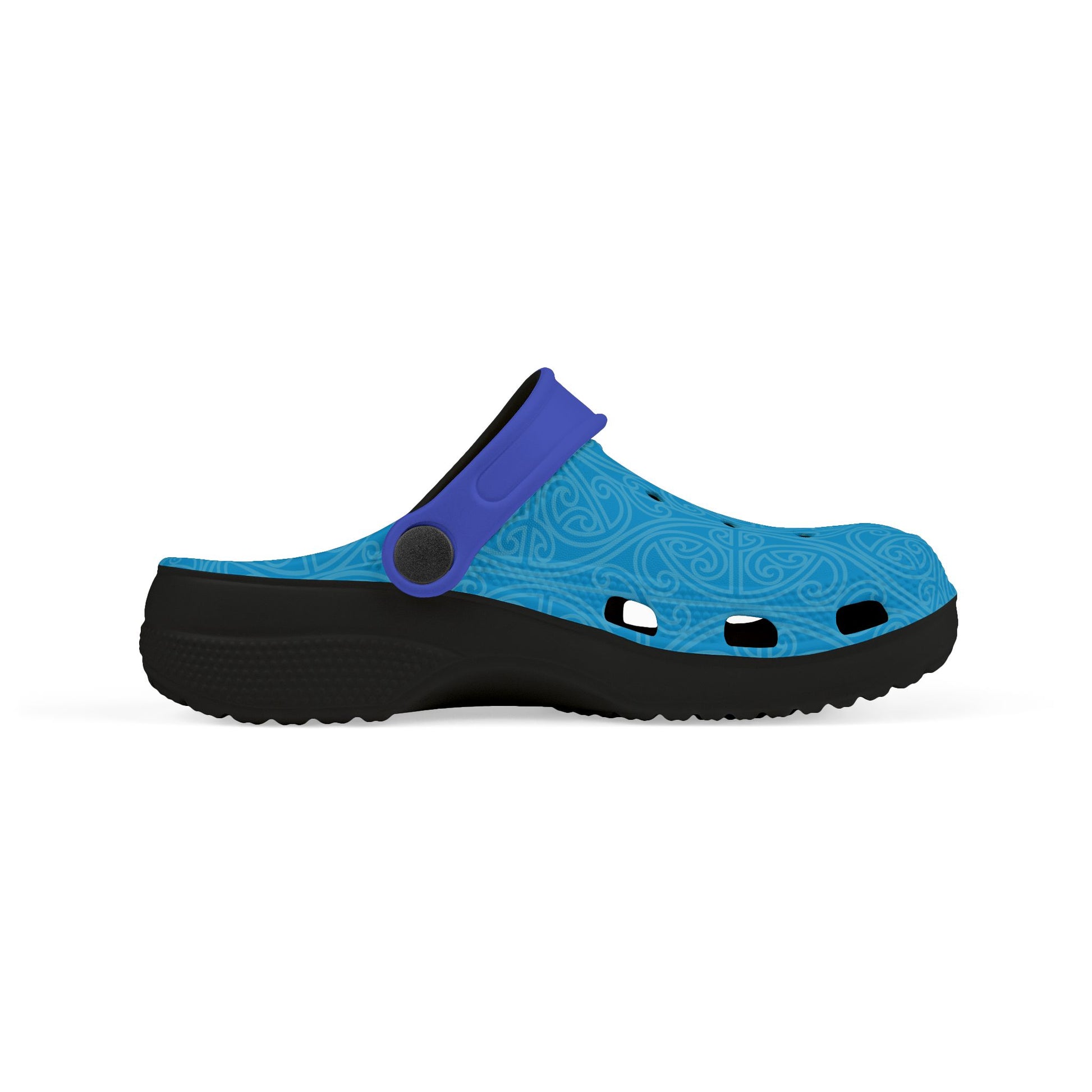 Light blue patterned slip-on clog with purple strap and perforations, dark outsole, side view
