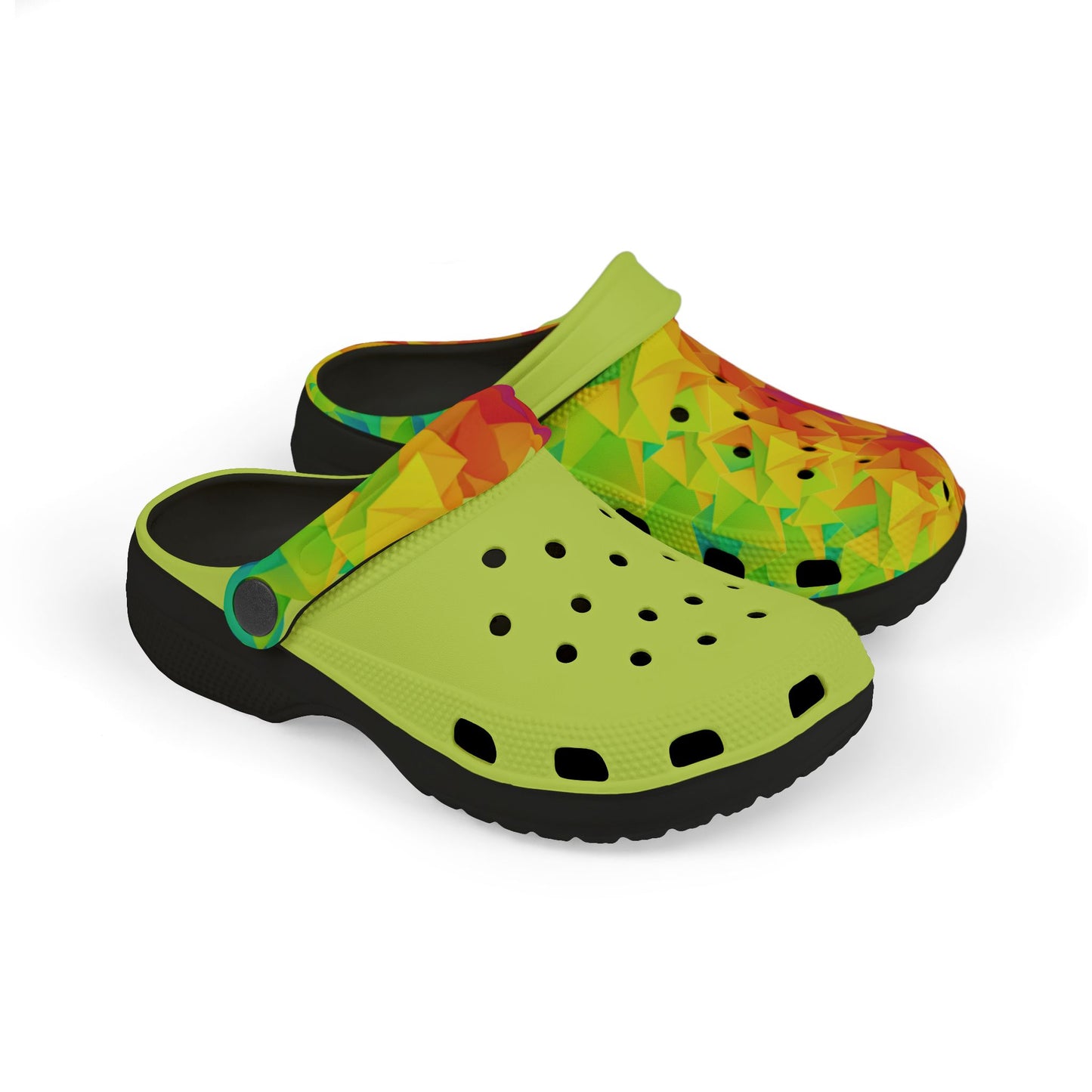 Ahi lime-green clog with multicolor geometric upper and black sole, side view