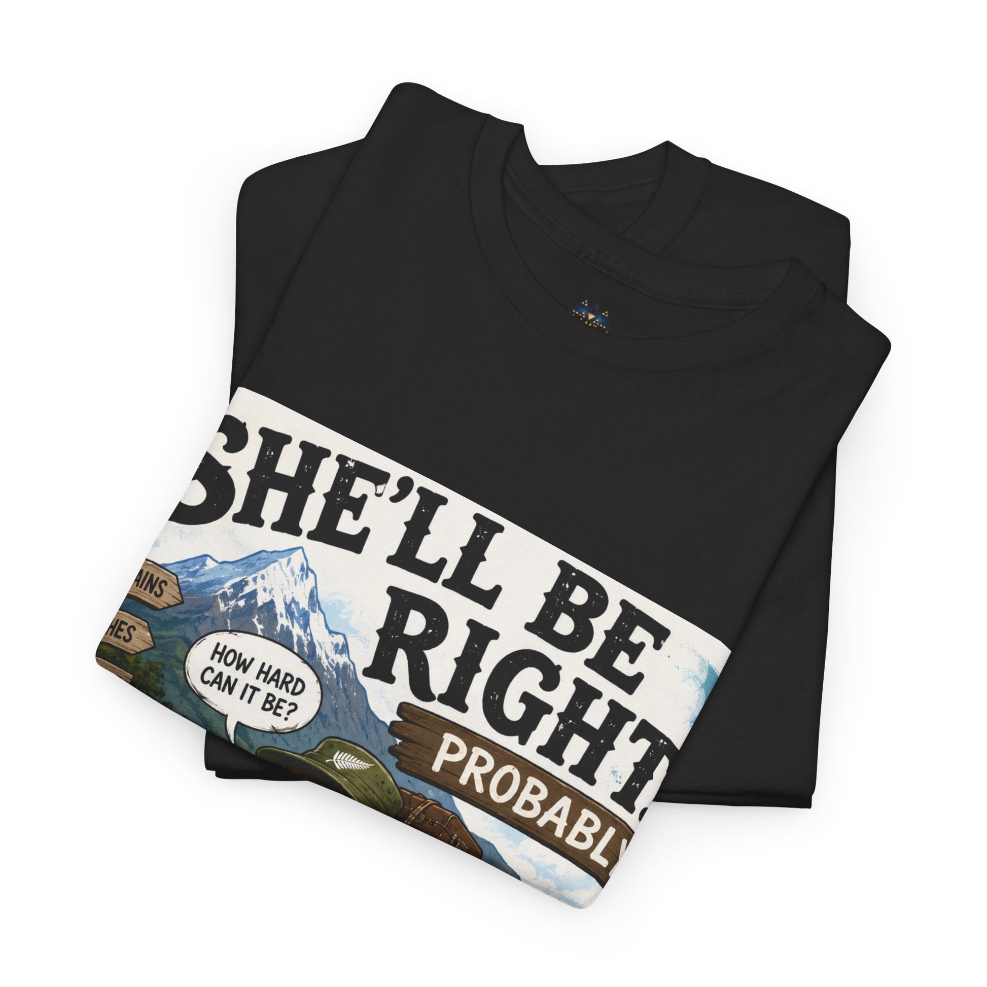 Black T-shirt with large diagonal chest text and outdoor vehicle graphic