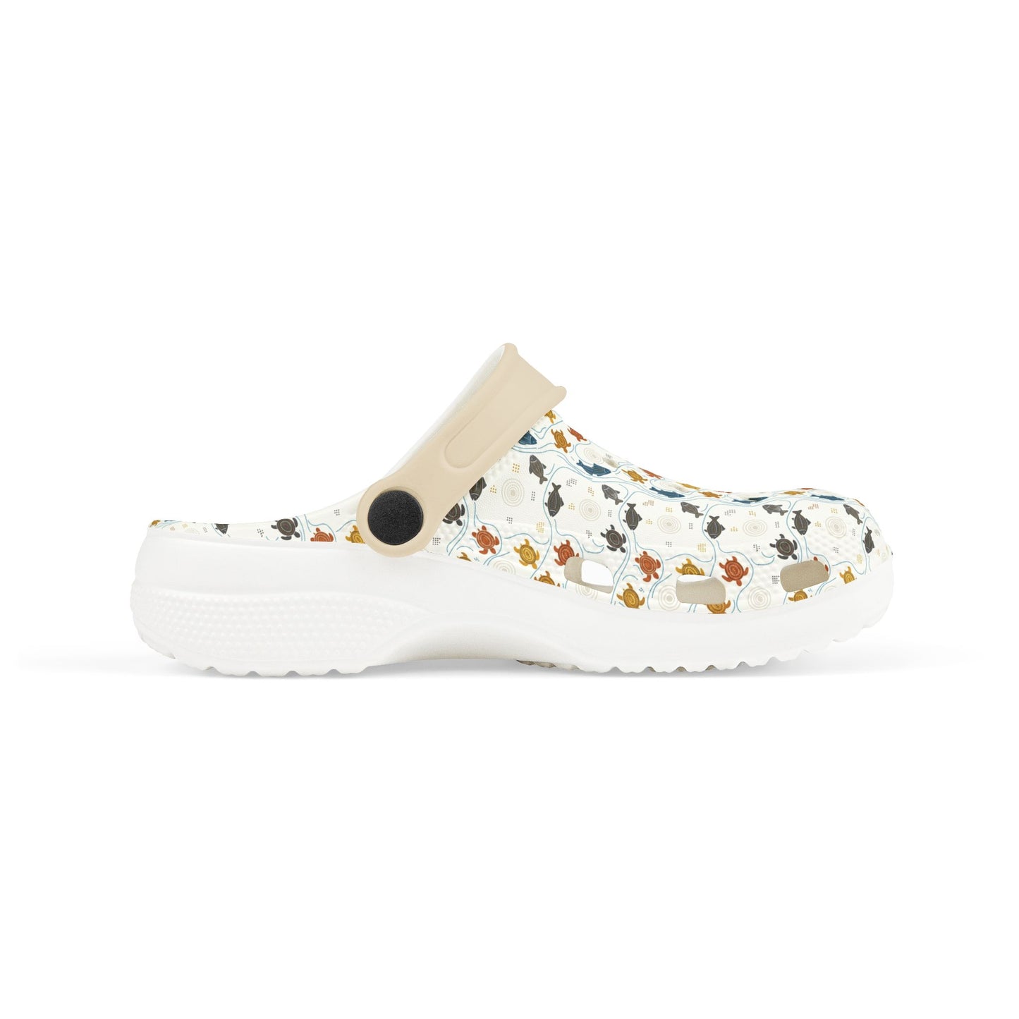 White sole clog shoe with colorful animal pattern upper and beige heel strap