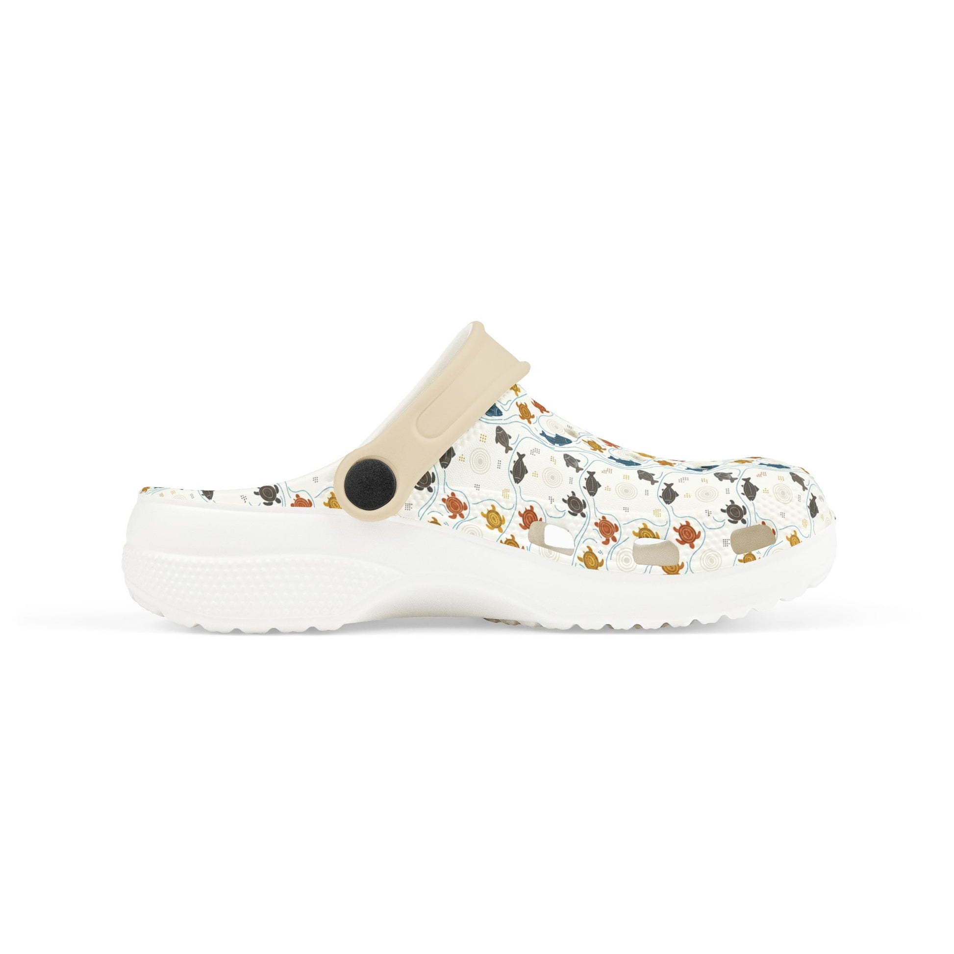 White sole clog shoe with colorful animal pattern upper and beige heel strap