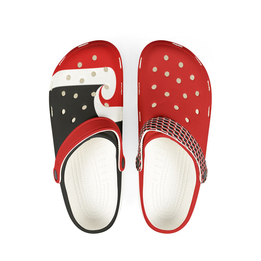 Tino clogs with red top, black sides, white midsole, dot and block pattern