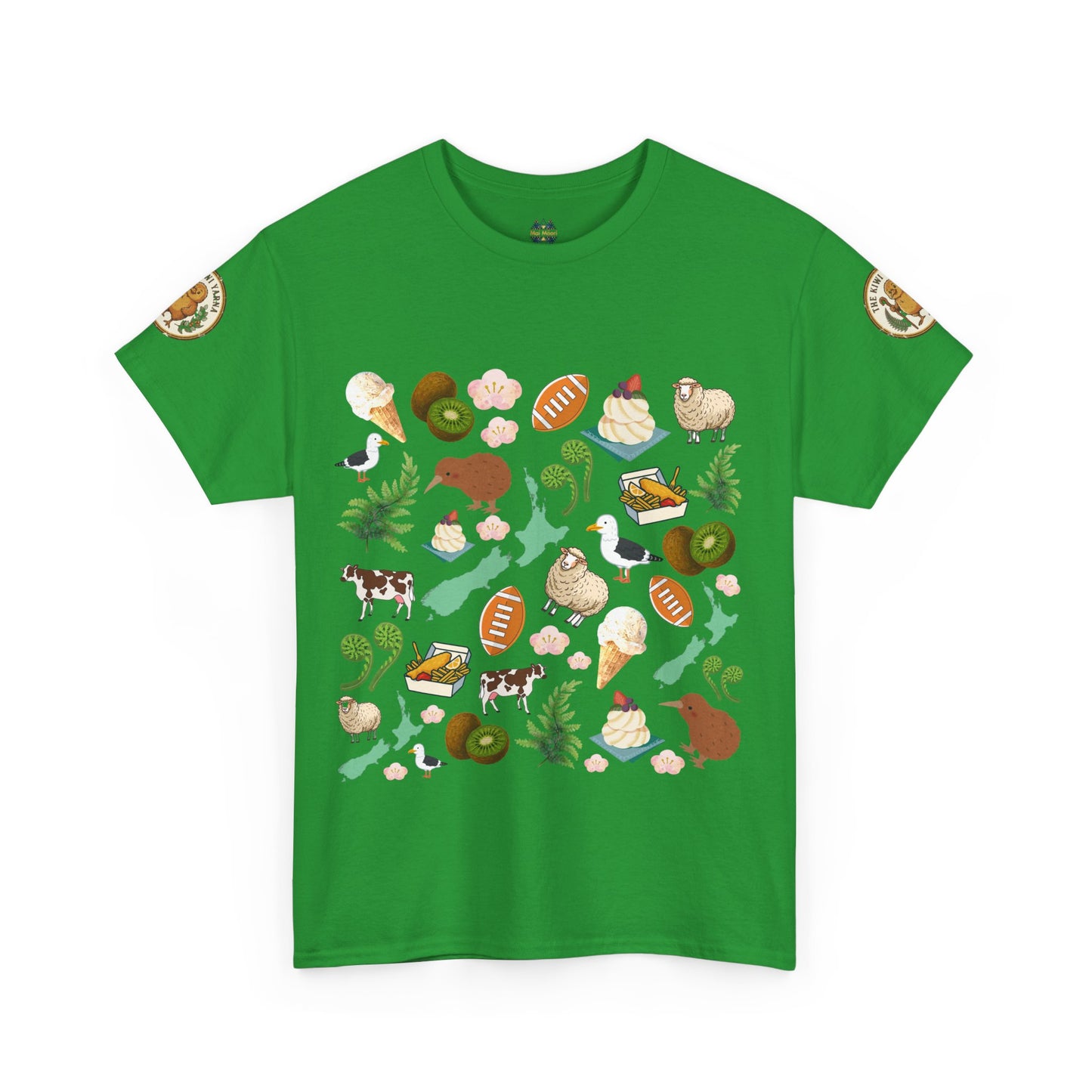 Green short-sleeve T-shirt with colorful Kiwiana animal and fruit graphic print