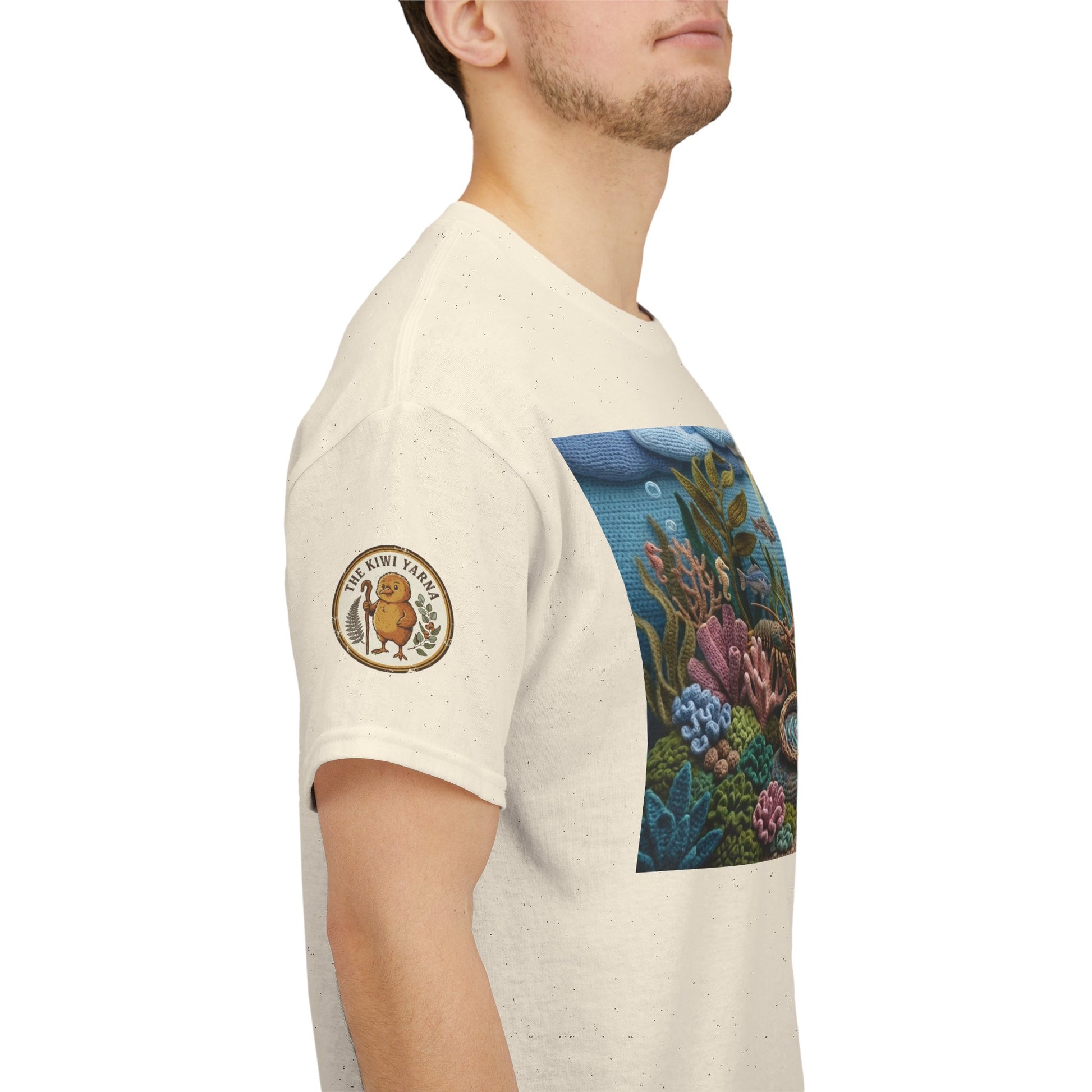 Cream crew-neck T-shirt with undersea graphic print and round sleeve logo patch