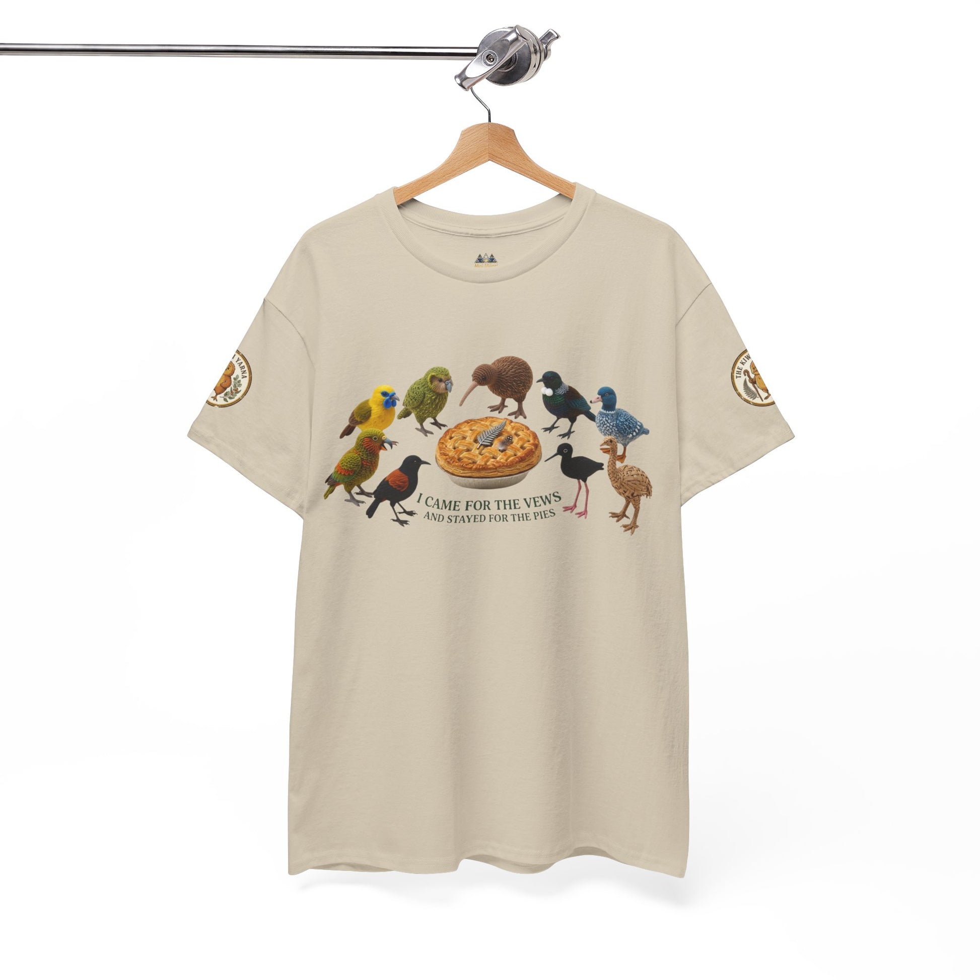 Light beige graphic T-shirt with crew neck and bird-and-pizza design on front