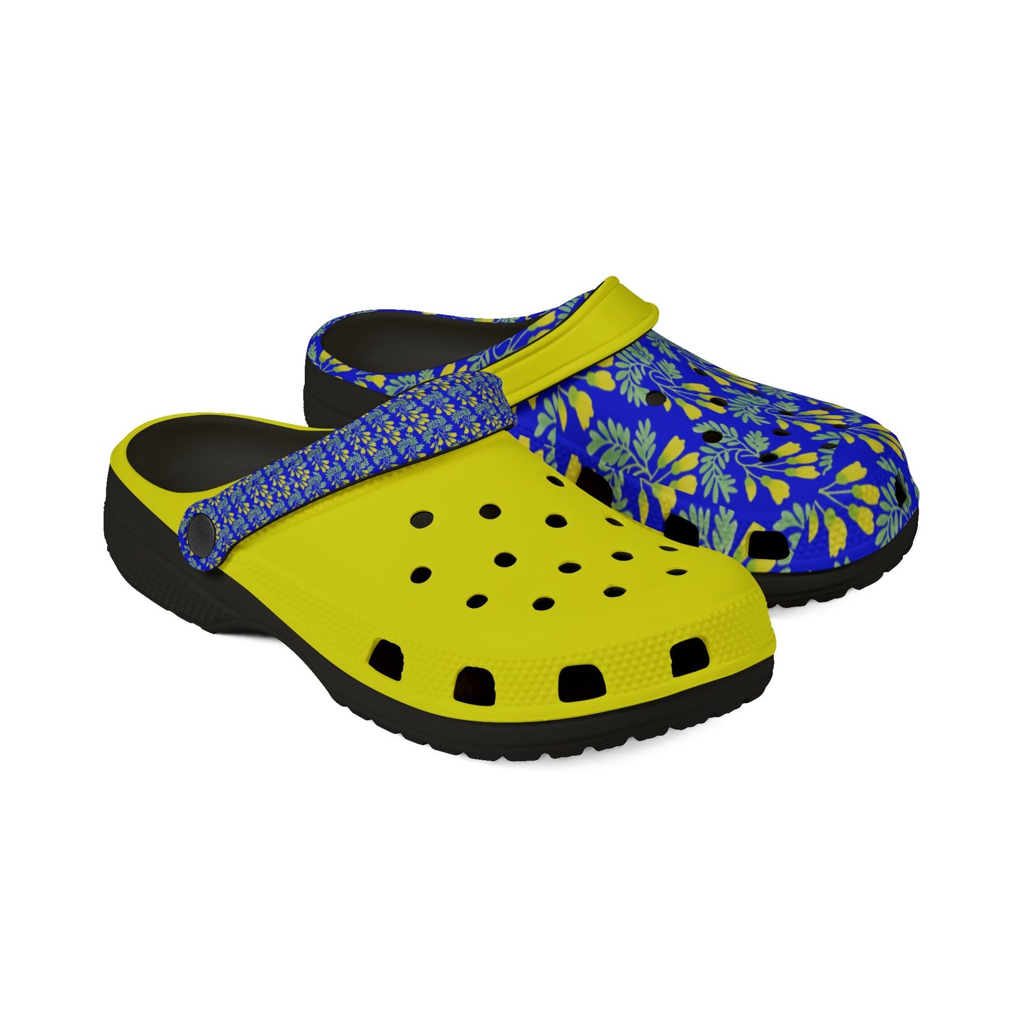 Kōwhai slip-on clogs, yellow perforated front, blue print strap, black sole