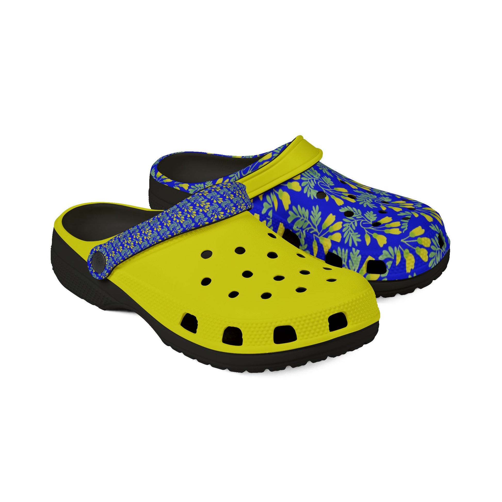 Kōwhai slip-on clogs, yellow perforated front, blue print strap, black sole