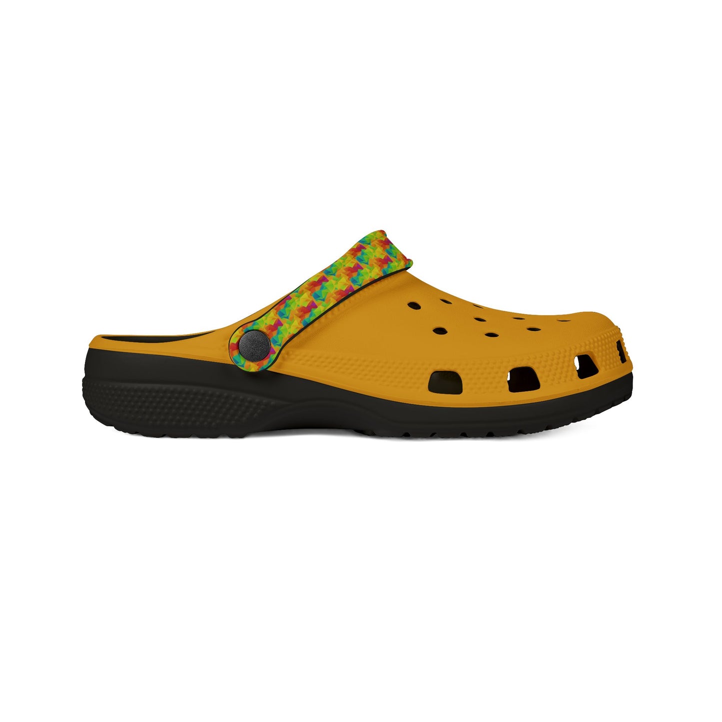 Ahi clog front/side view, yellow upper with colorful print strap and perforations, black sole.