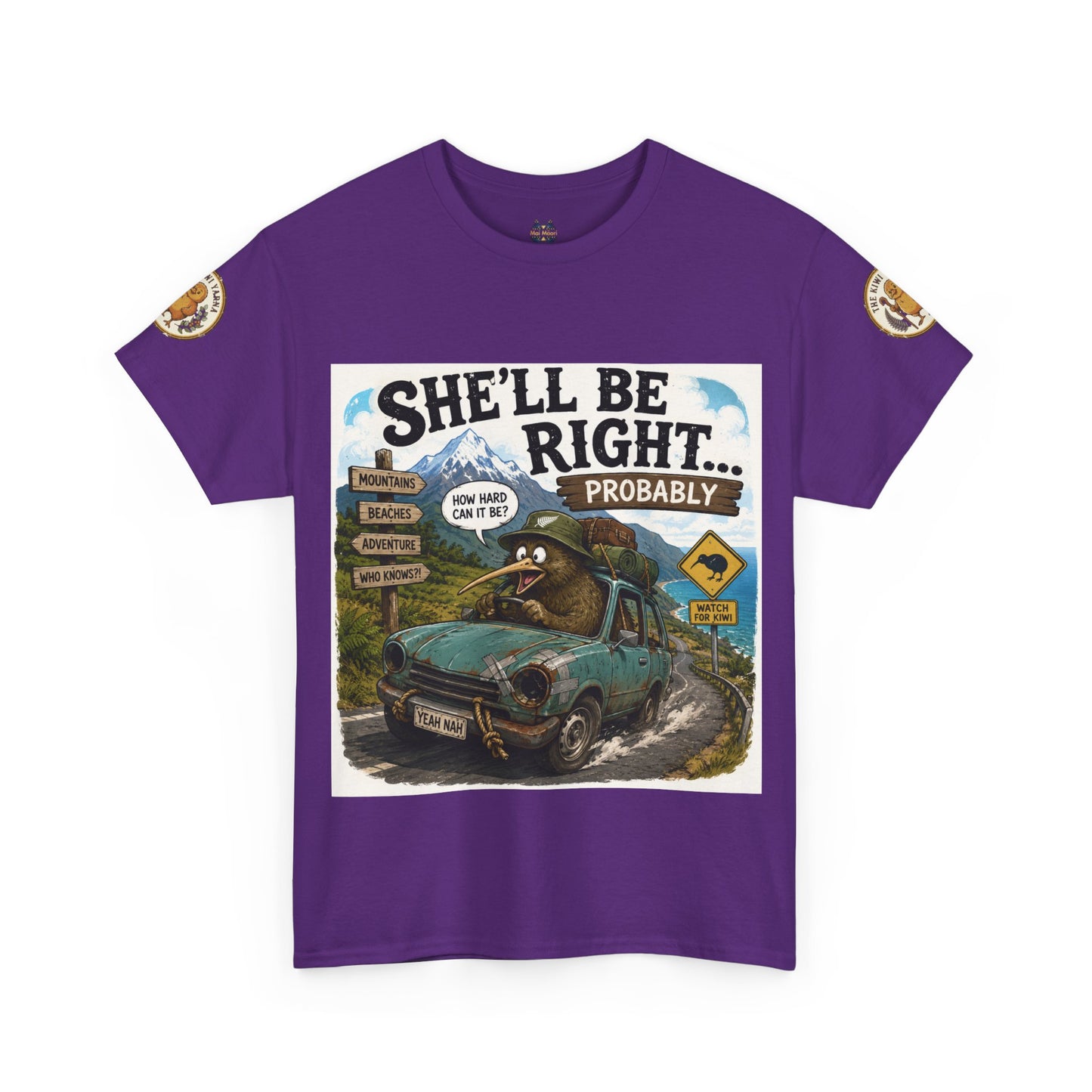 Purple graphic crewneck T-shirt with “She’ll Be Right.. Probably” front print and circular sleeve logos.