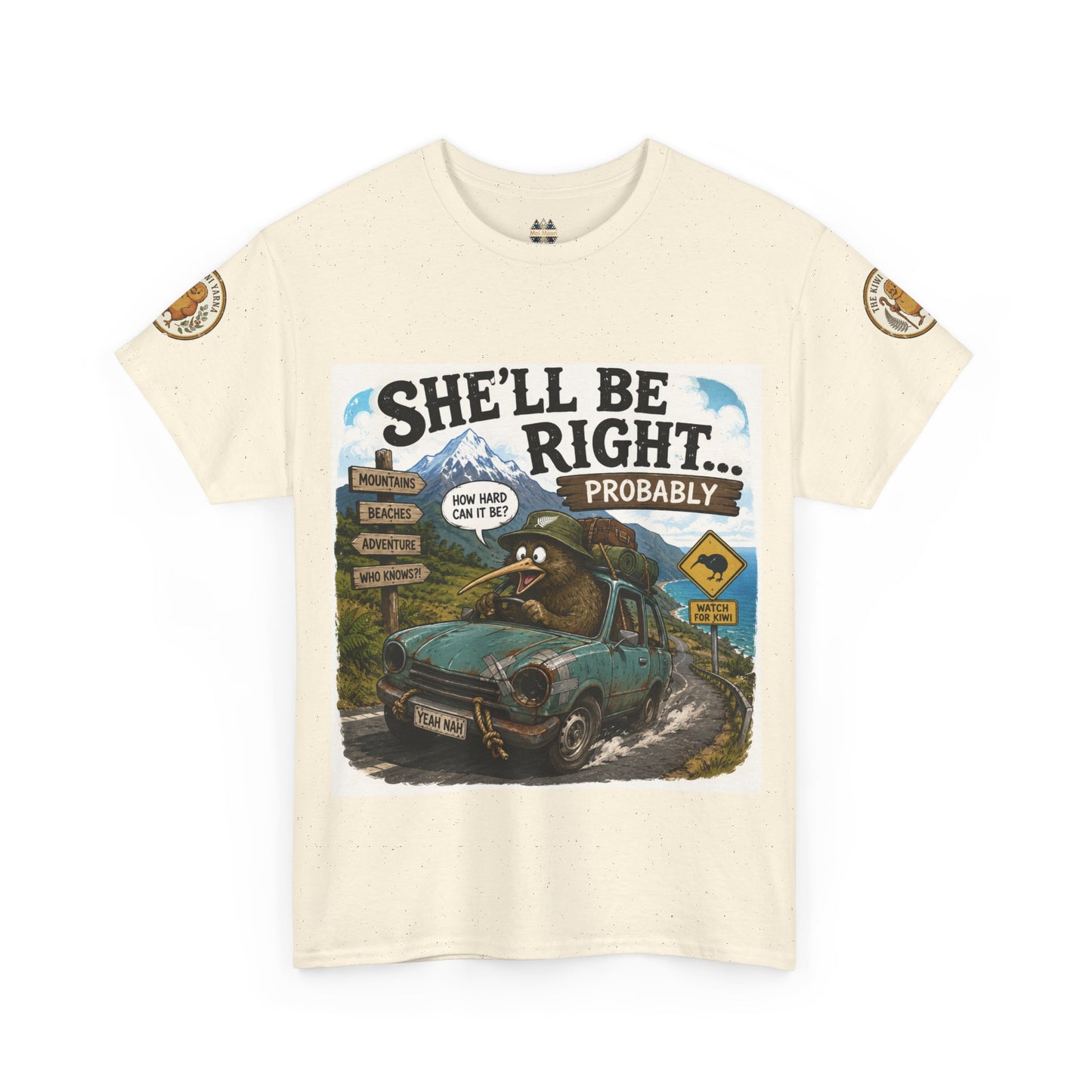 Cream graphic T-shirt with front print and round sleeve logo patches.
