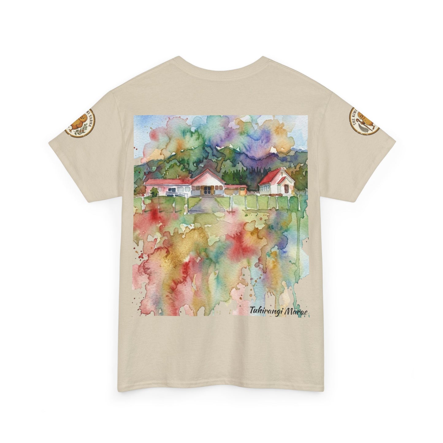 Light beige crewneck t-shirt with centered watercolor house garden print; sleeve emblem.