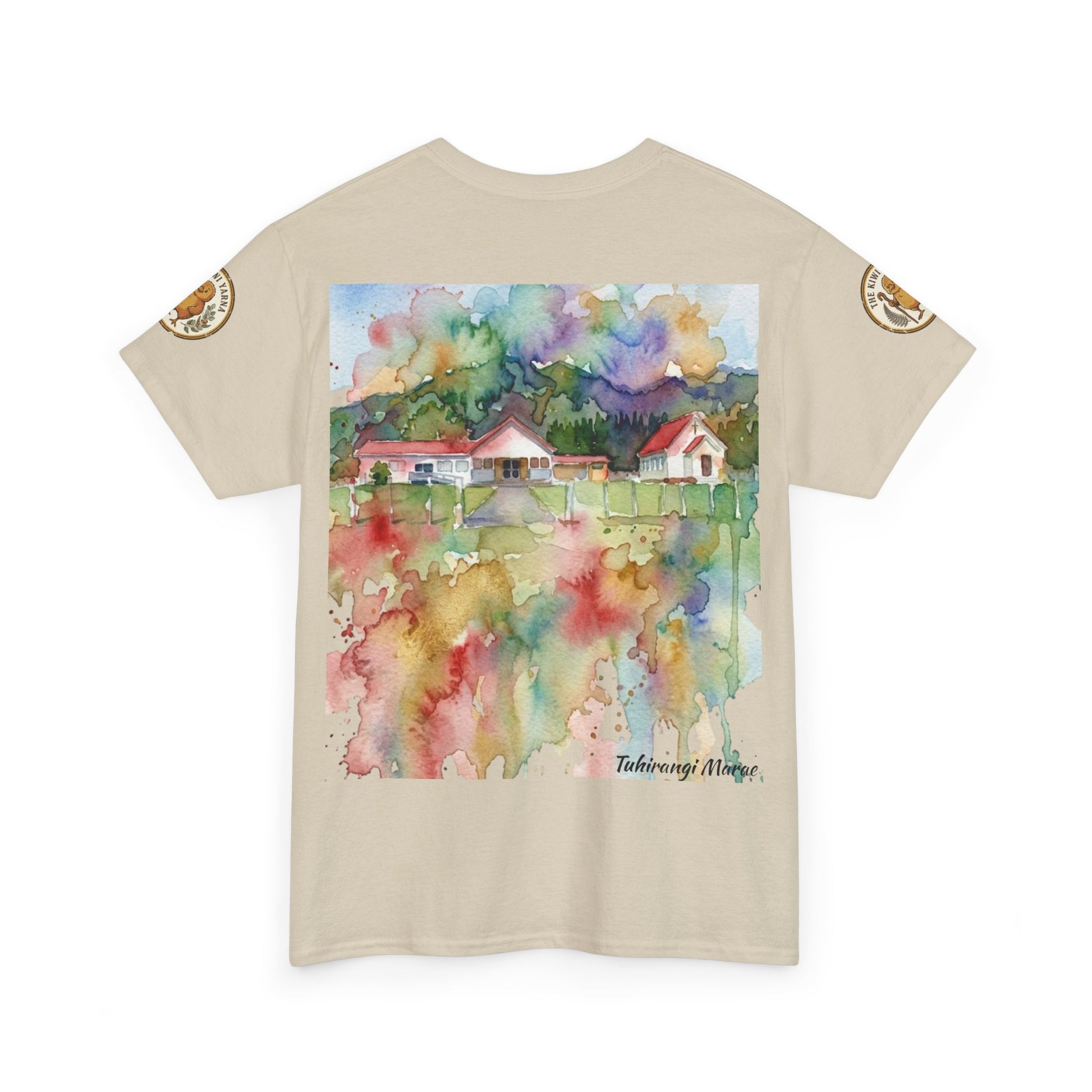 Light beige crewneck t-shirt with centered watercolor house garden print; sleeve emblem.