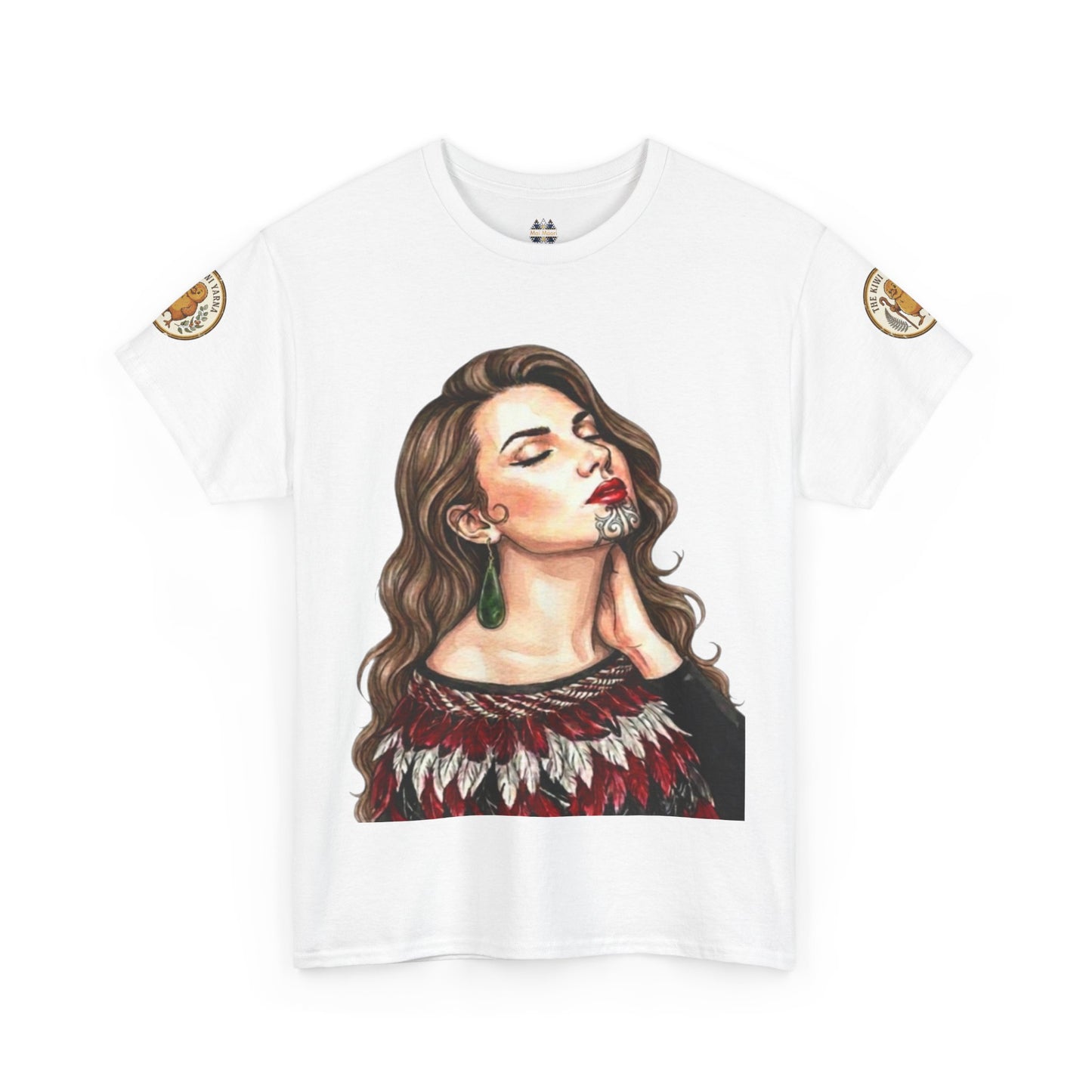 White T-shirt with close-up portrait graphic and gold sleeve patch details.