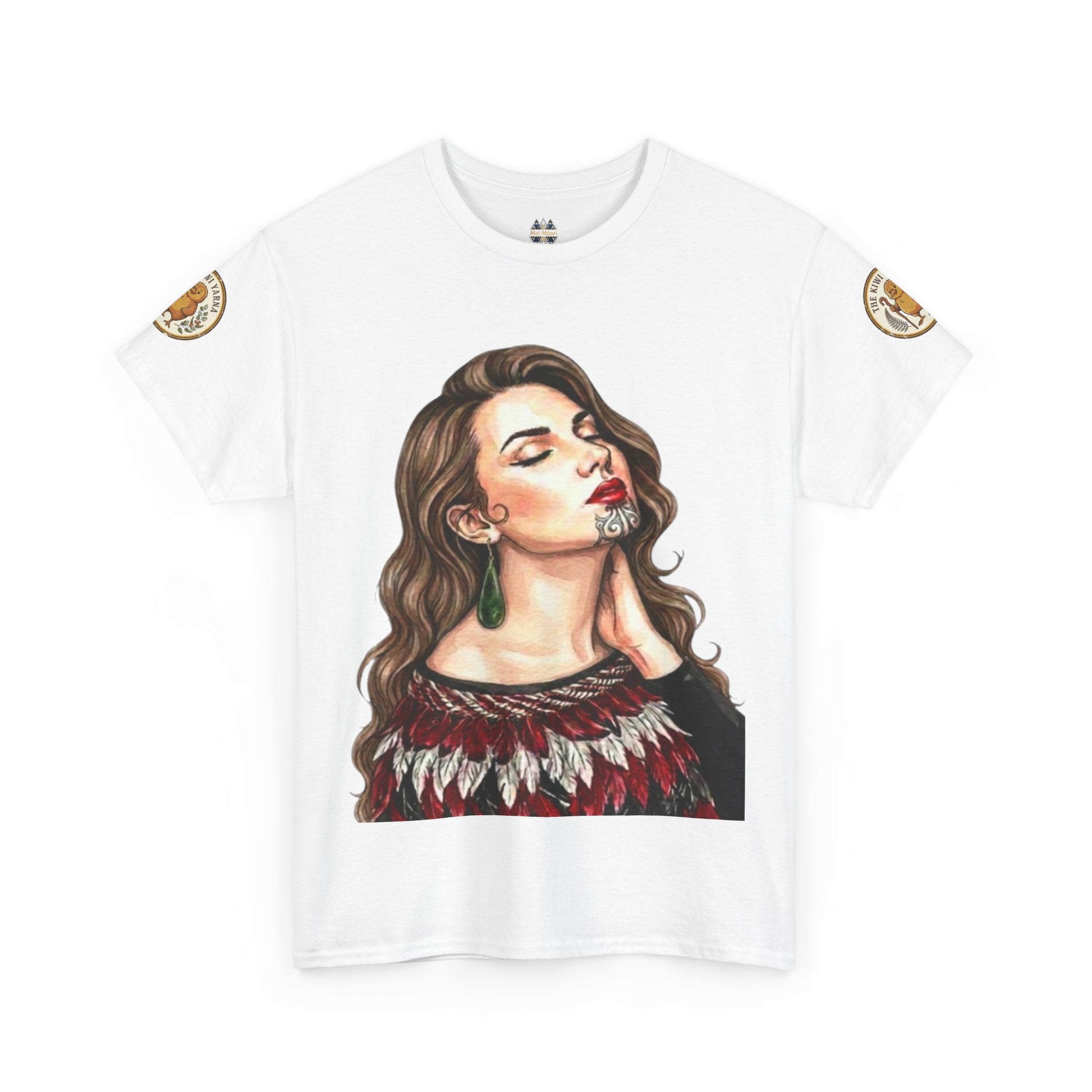 White T-shirt with close-up portrait graphic and gold sleeve patch details.
