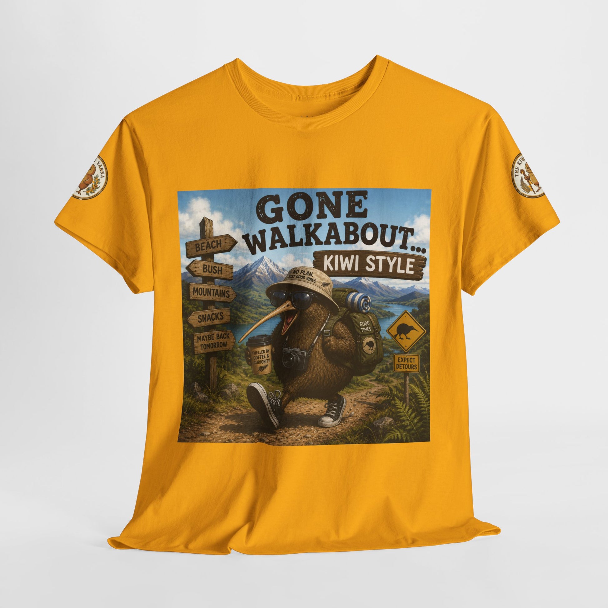 Mustard yellow crew-neck T-shirt with front square graphic print and sleeve patches