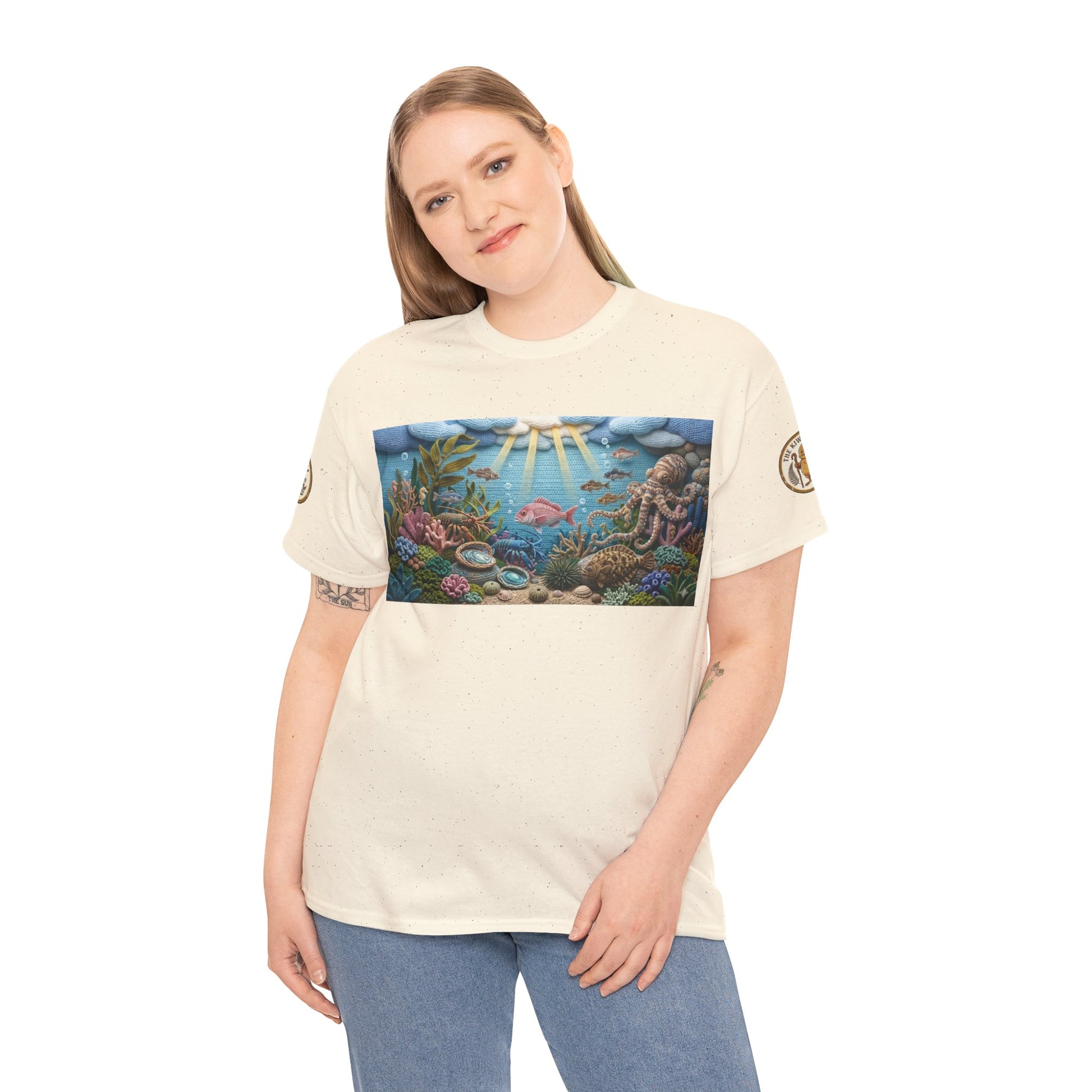 Off-white crew-neck T-shirt with rectangular ocean reef fish graphic on chest
