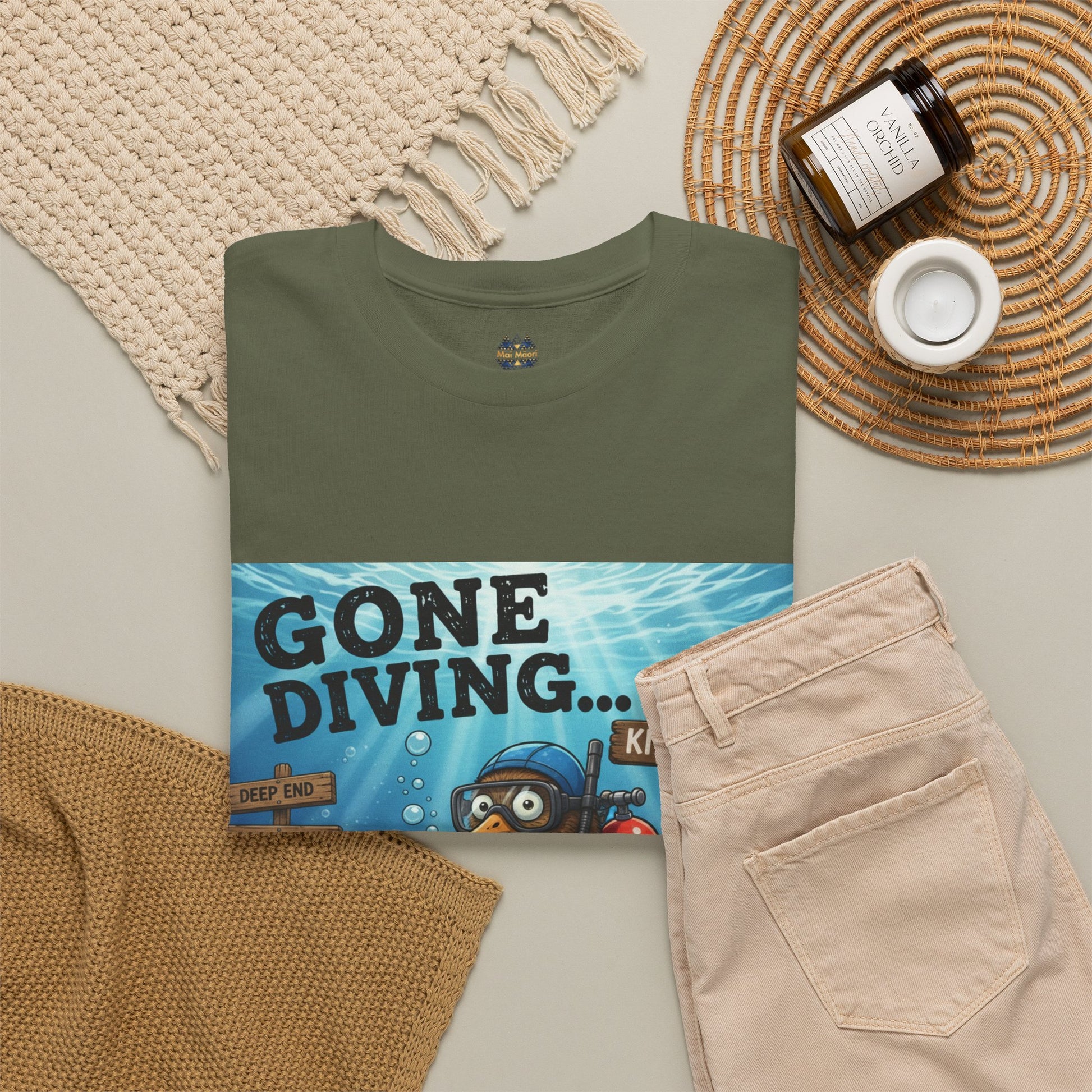 Olive green graphic t-shirt with 'GONE DIVING...' underwater diver print