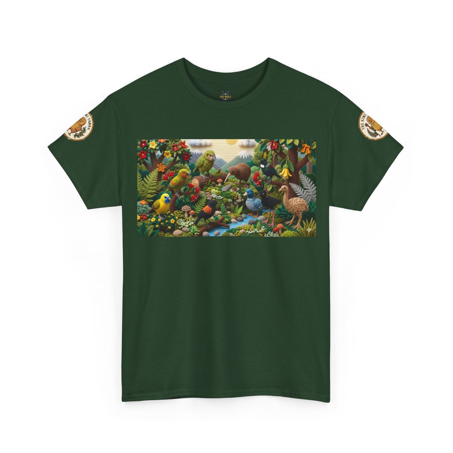 Dark green crewneck T-shirt with wildlife bird graphic and circular sleeve logo patches